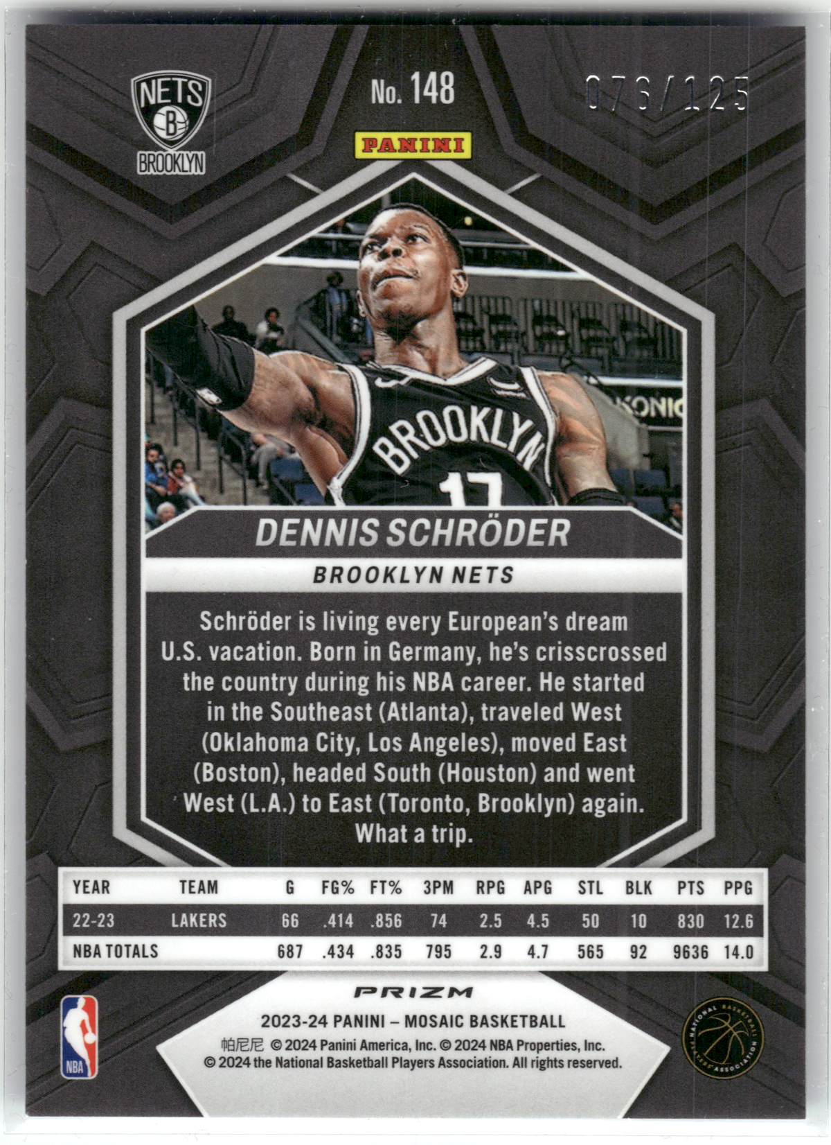 Basketball NBA Dennis Schröder - 2023-24 Panini Mosaic Basketball - Blue Cracked Ice /125 - Brooklyn Nets #148 Trading Card Original