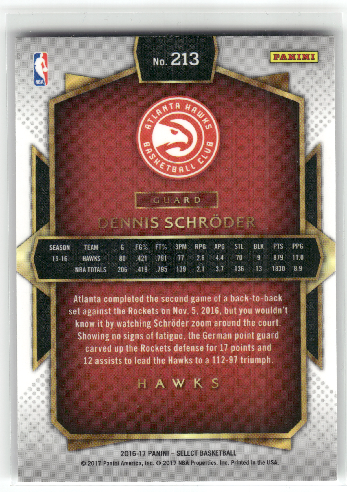 Basketball NBA Dennis Schröder - 2016-17 Panini Select Basketball - In-Person Auto - Atlanta Hawks #213 Trading Card Original