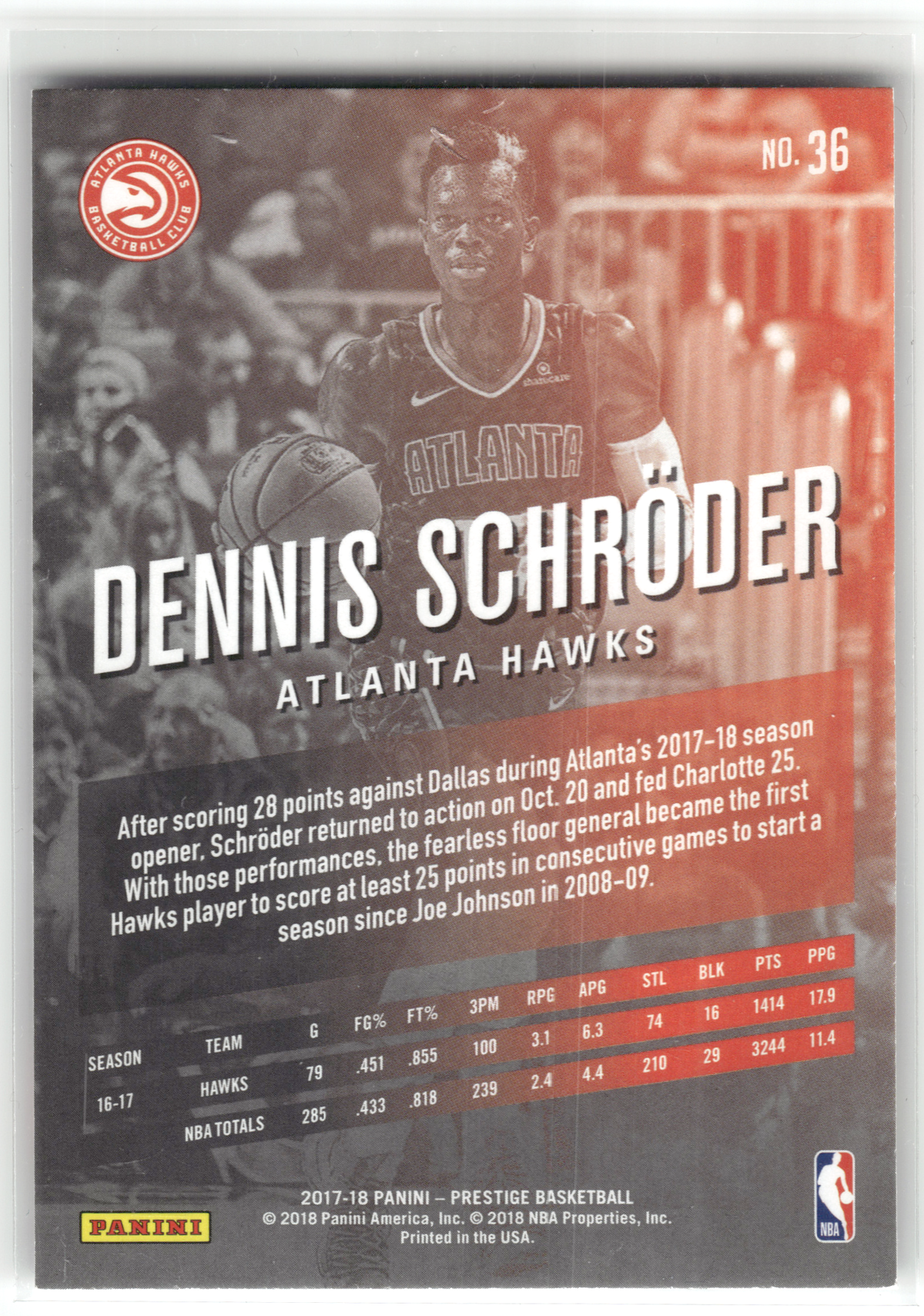 Basketball NBA Dennis Schröder - 2017-18 Panini Prestige Basketball - In-Person On Card Auto - Atlanta Hawks #36 Trading Card Original