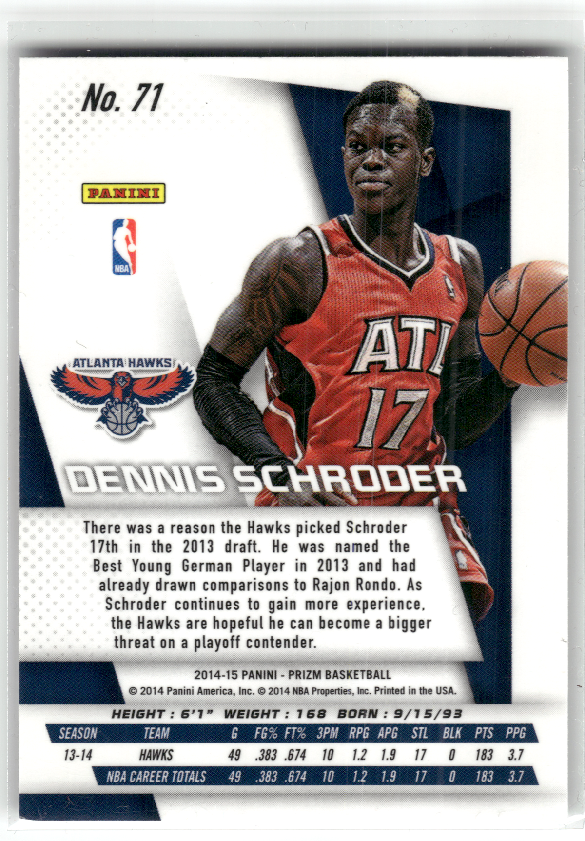 Basketball NBA Dennis Schroder - 2014-15 Panini Prizm Basketball - In-Person On Card Auto - Atlanta Hawks #71 Trading Card Original