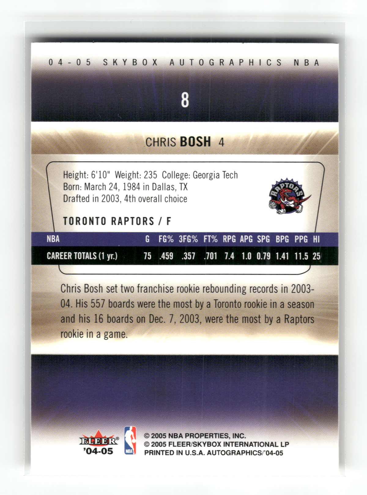 Basketball NBA Chris Bosh - 2004-05 Skybox Autographics - Printed Facsimile Auto - Toronto Raptors #8 Trading Card Original