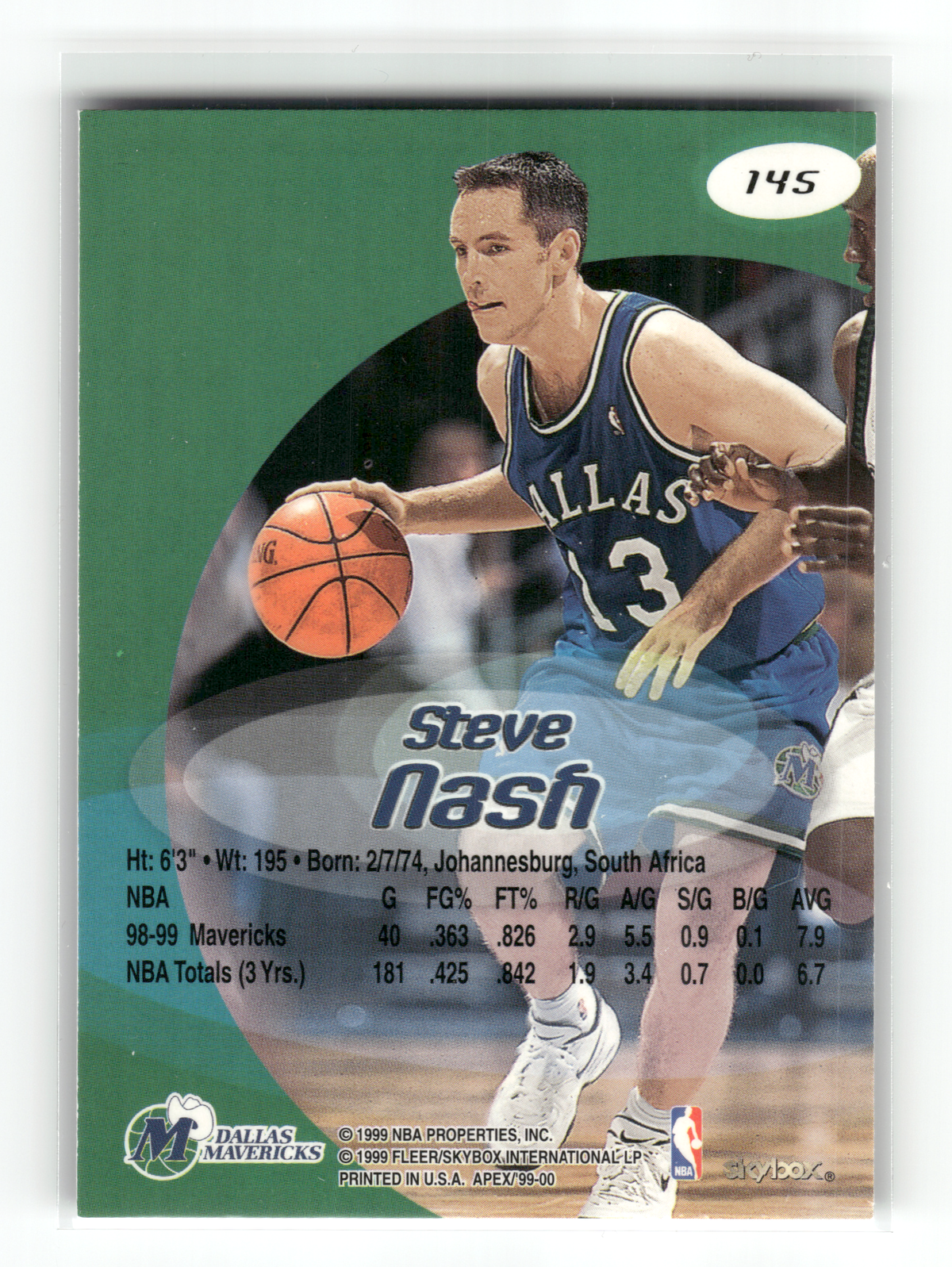 Basketball NBA Steve Nash - 1999-00 Skybox Apex - Dallas Mavericks #145 Trading Card Original
