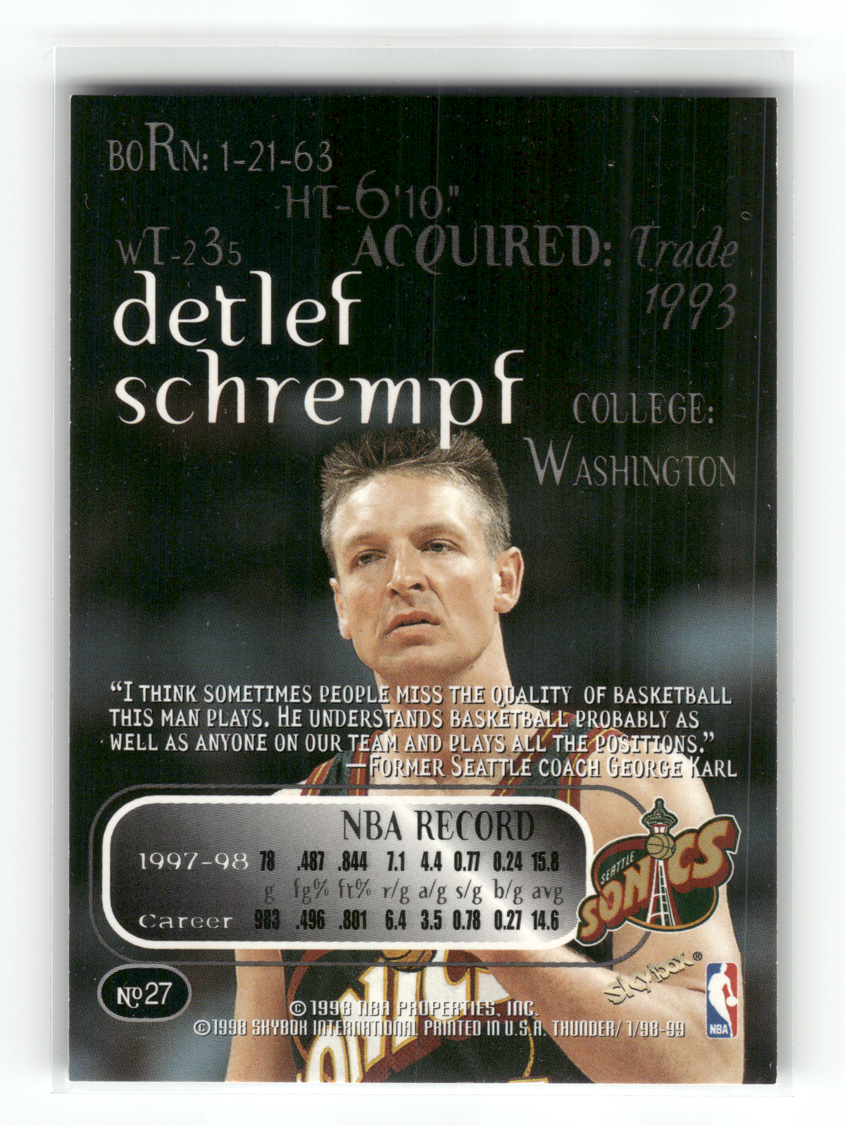 Basketball NBA Detlef Schrempf - 1998-99 Skybox Thunder - Seattle SuperSonics #27 Trading Card Original