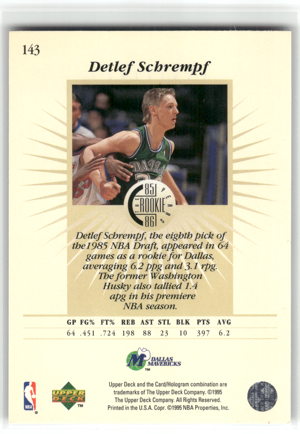 Basketball NBA Detlef Schrempf Rookie - 1995 Upper Deck The Rookie Years - Dallas Mavericks #143 Trading Card Original