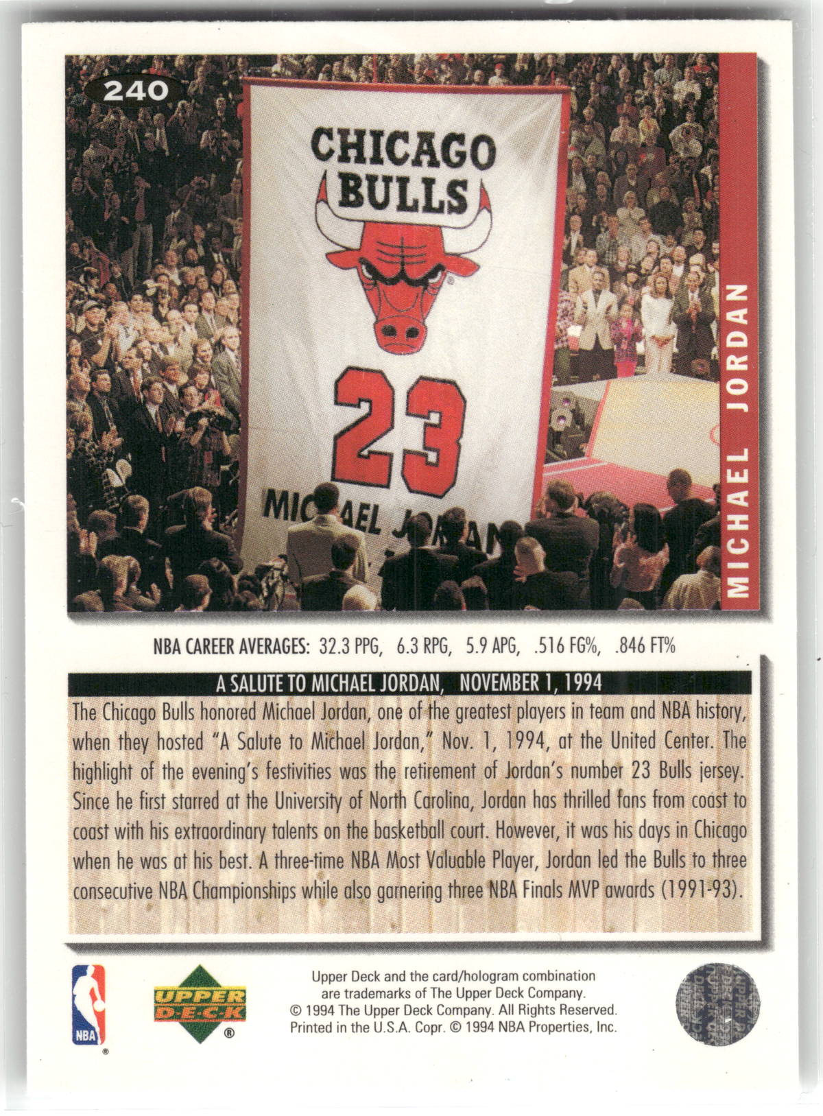 Basketball NBA Michael Jordan - 1994-95 Upper Deck Collector's Choice - Chicago Bulls #240 Trading Card Original