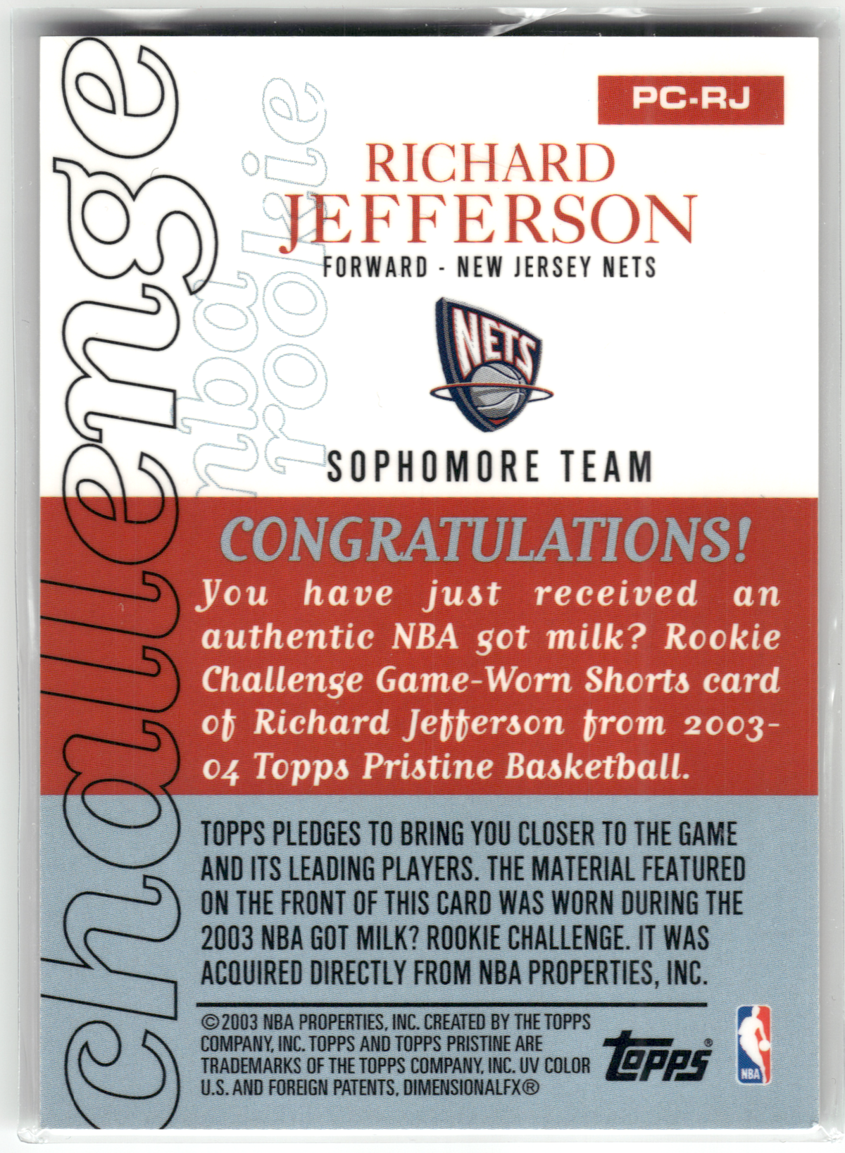 Basketball NBA Richard Jefferson - 2003-04 Topps Pristine Basketball - Game-Worn Shorts - New Jersey Nets #PC-RJ Trading Card Original