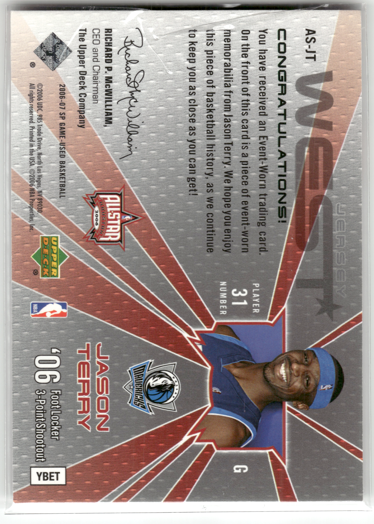 Basketball NBA Jason Terry - 2006-07 SP Game Used Edition - Event-Worn Relic /100 - Dallas Mavericks #AS-JT Trading Card Original