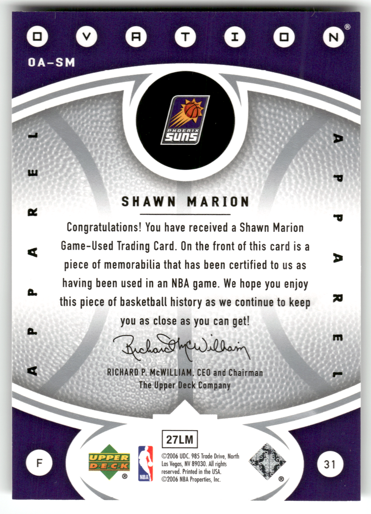 Basketball NBA Shawn Marion - 2006 Upper Deck Ovation - Game-Used - Phoenix Suns #OA-SM Trading Card Original