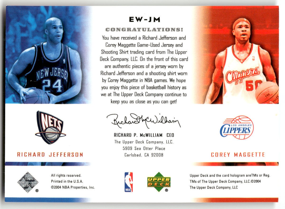 Basketball NBA Richard Jefferson - 2004 Upper Deck East Coast/West Coast - Game Used Double-Relic - New Jersey Nets / Los Angeles Clippers #EW-JM Trading Card Original