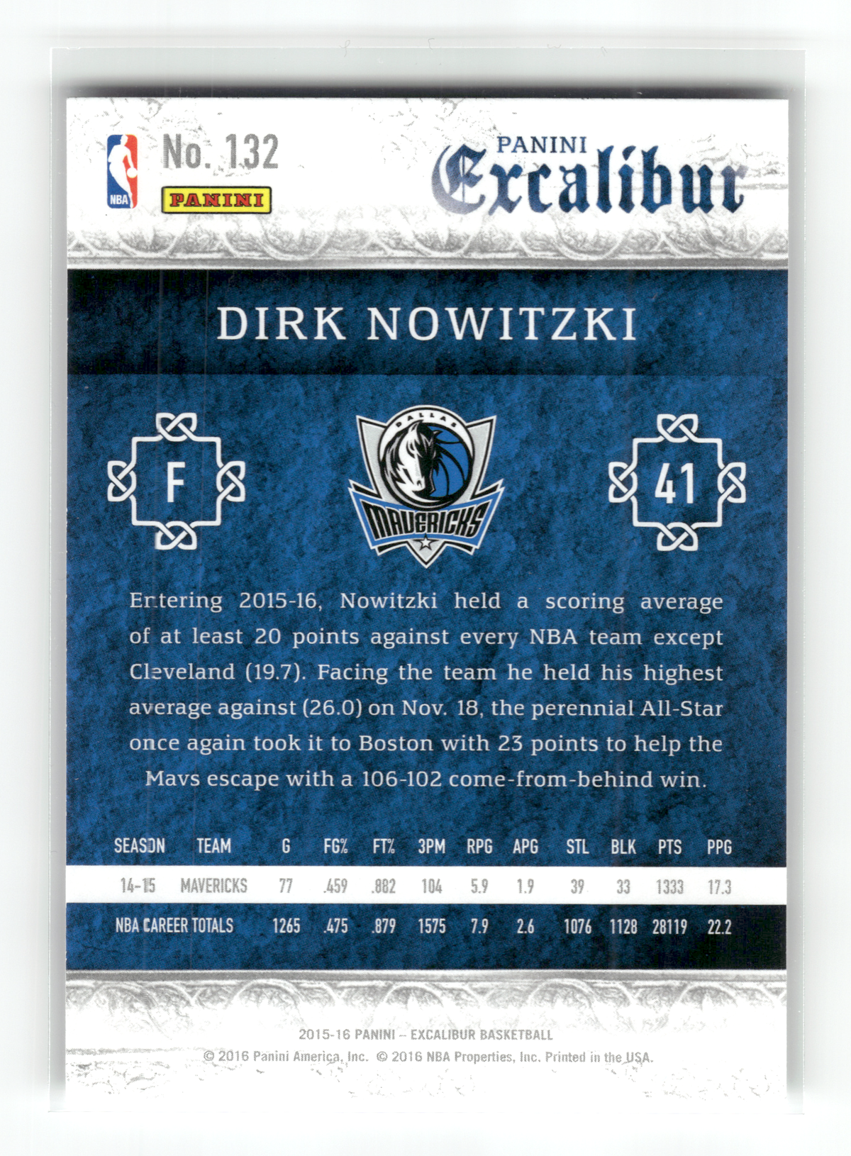 Basketball NBA Dirk Nowitzki - 2015-16 Panini Excalibur Basketball - Dallas Mavericks #132 Trading Card Original