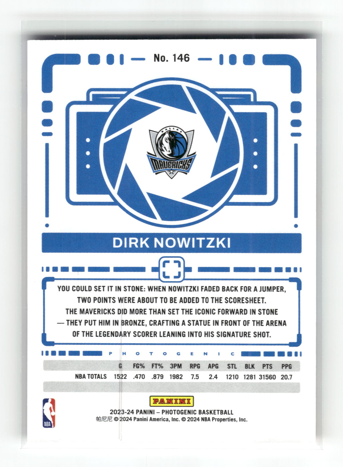 Basketball NBA Dirk Nowitzki - 2023-24 Panini Photogenic Basketball - Dallas Mavericks #146 Trading Card Original