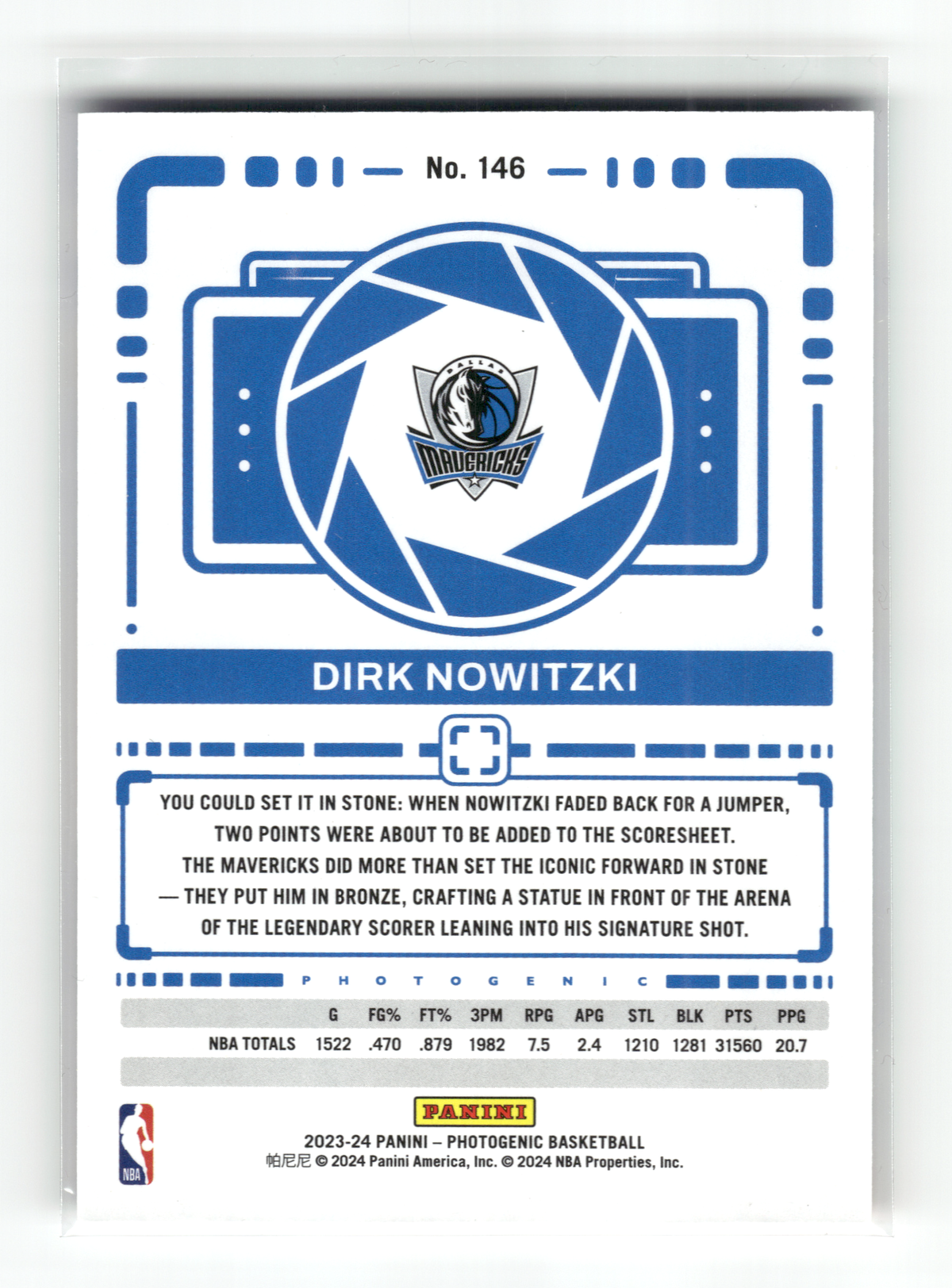 Basketball NBA Dirk Nowitzki - 2023-24 Panini Photogenic Basketball - Dallas Mavericks #146 Trading Card Original