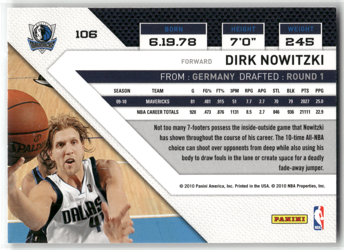 Basketball NBA Dirk Nowitzki - 2010-11 Panini Threads - Dallas Mavericks #106 Trading Card Original