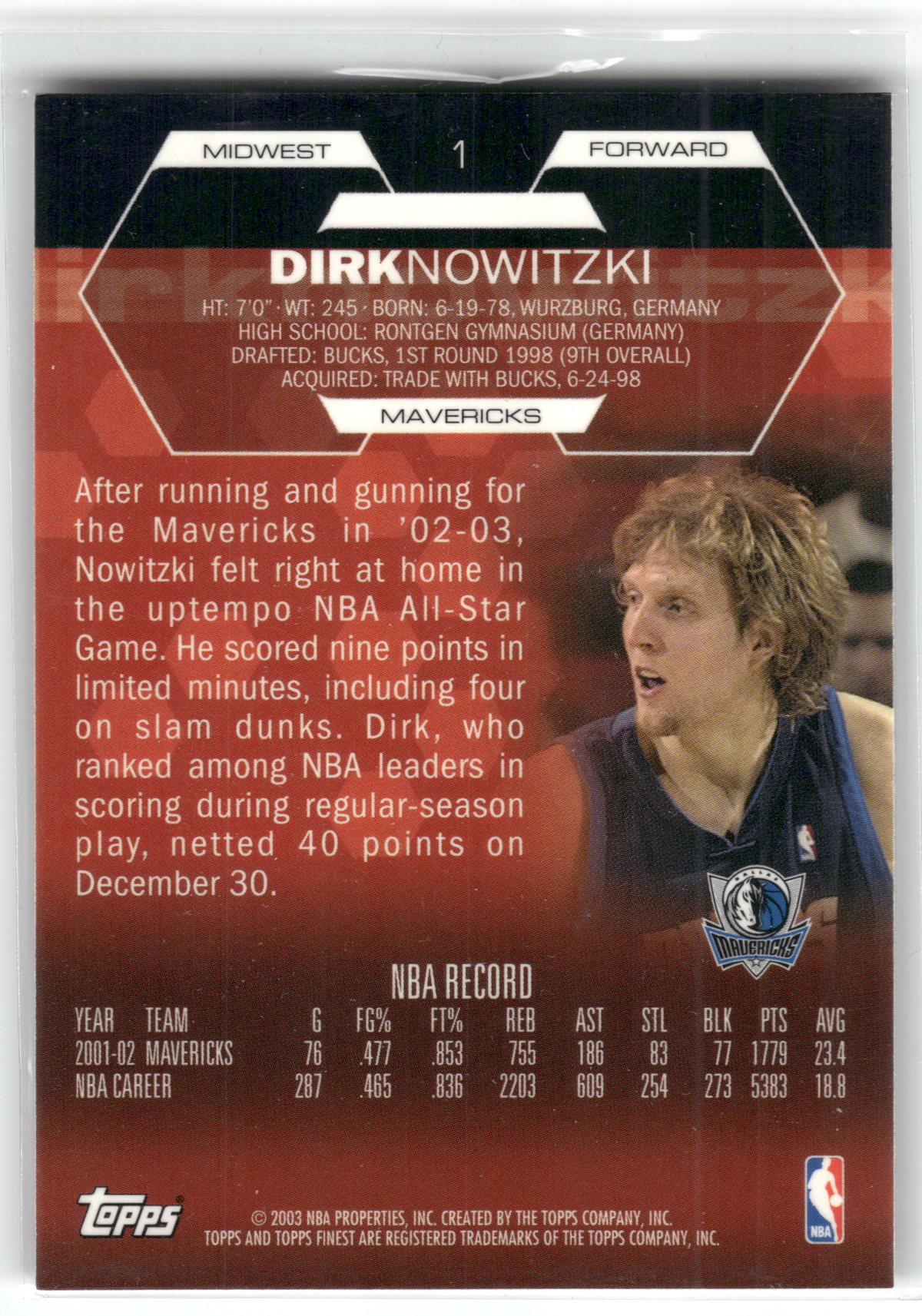 Basketball NBA Dirk Nowitzki - 2002-03 Topps Finest - Dallas Mavericks #1 Trading Card Original