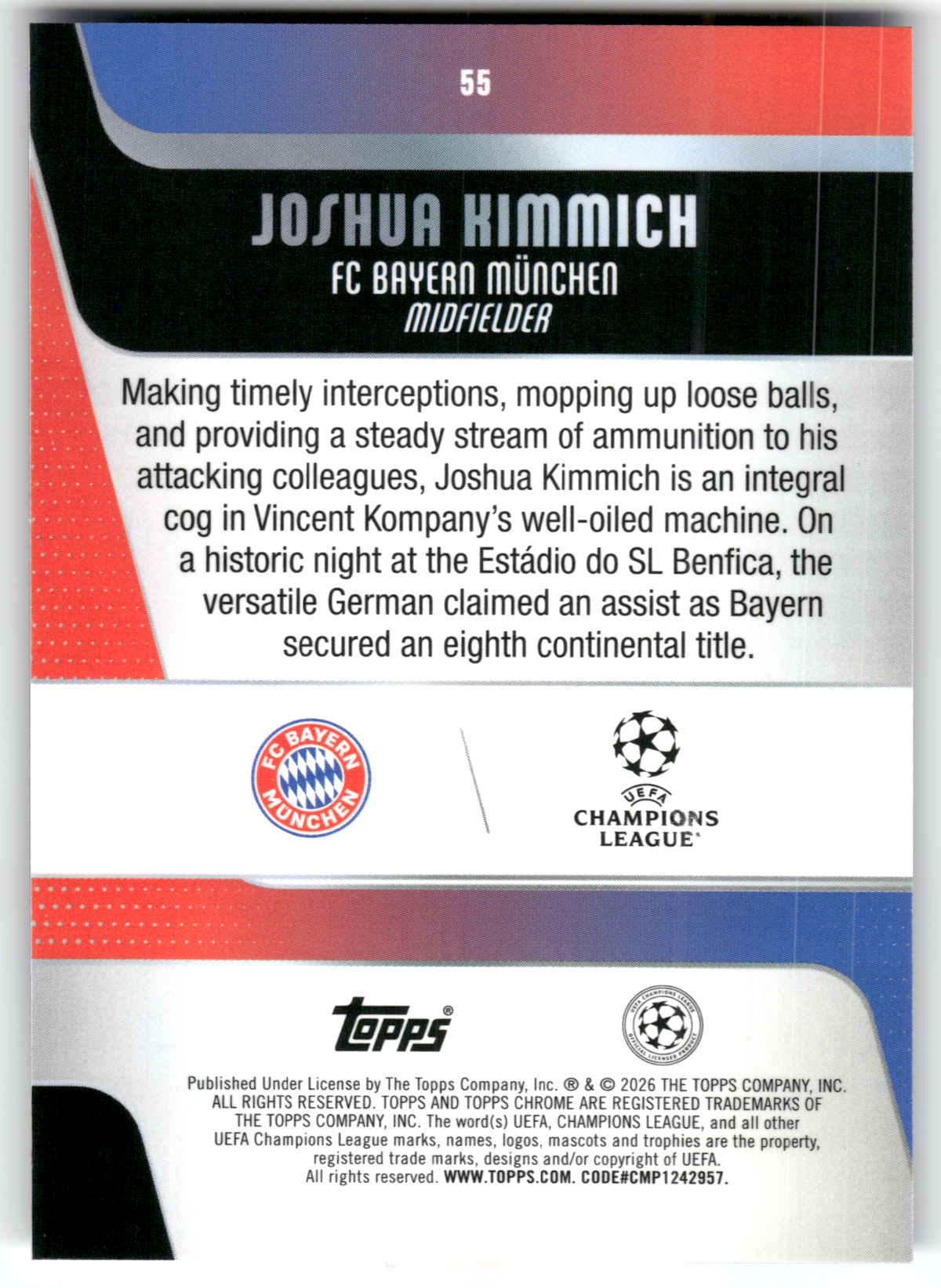 Fußball Joshua Kimmich - 2025-26 Topps Chrome UEFA CL - Sapphire - FC Bayern München #55 Trading Card Original