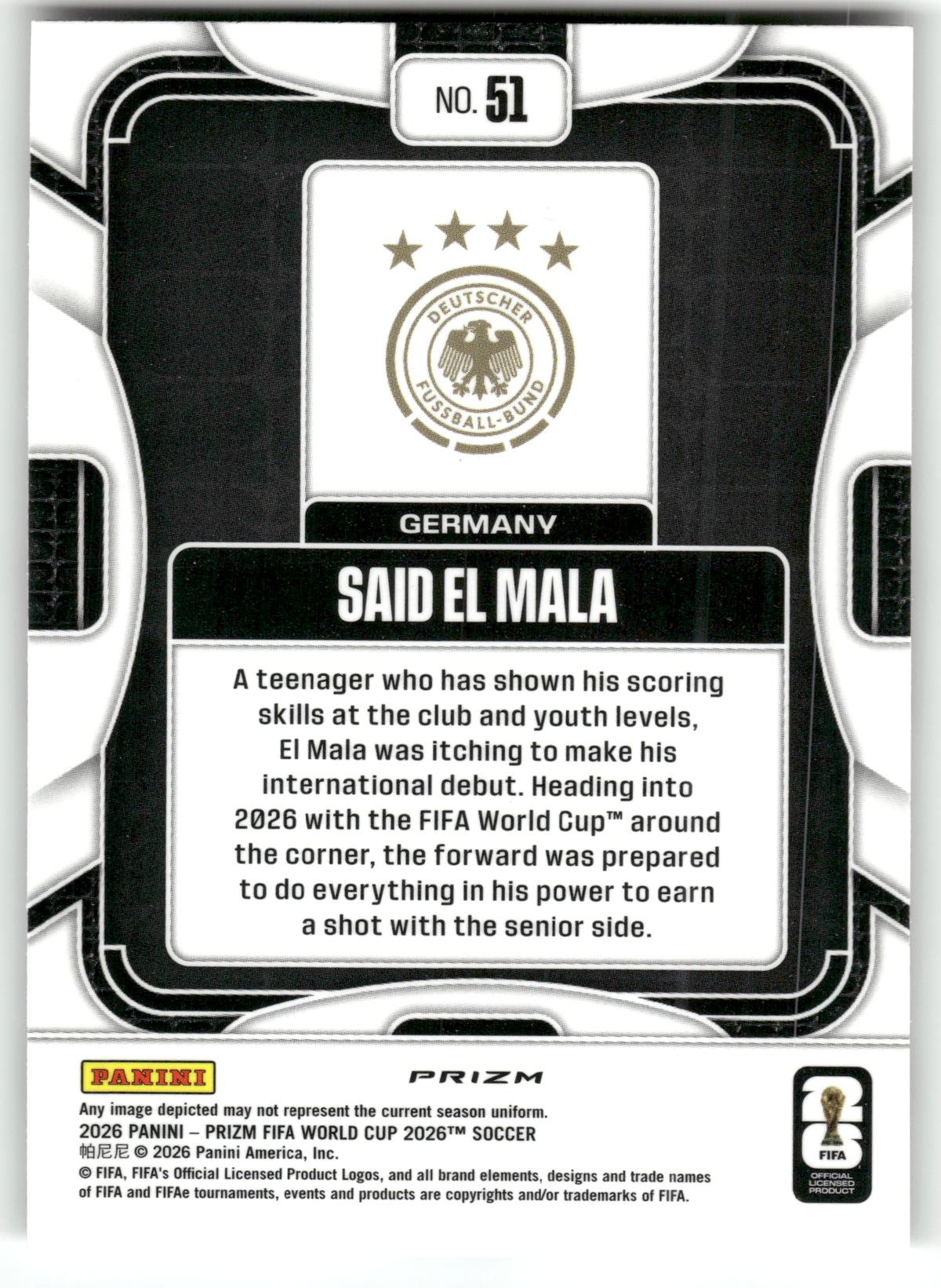 Fußball Said El Mala Rookie - 2026 Panini Prizm FIFA World Cup Soccer - Silver Wave Prizm Rookie - Germany #51 Trading Card Original