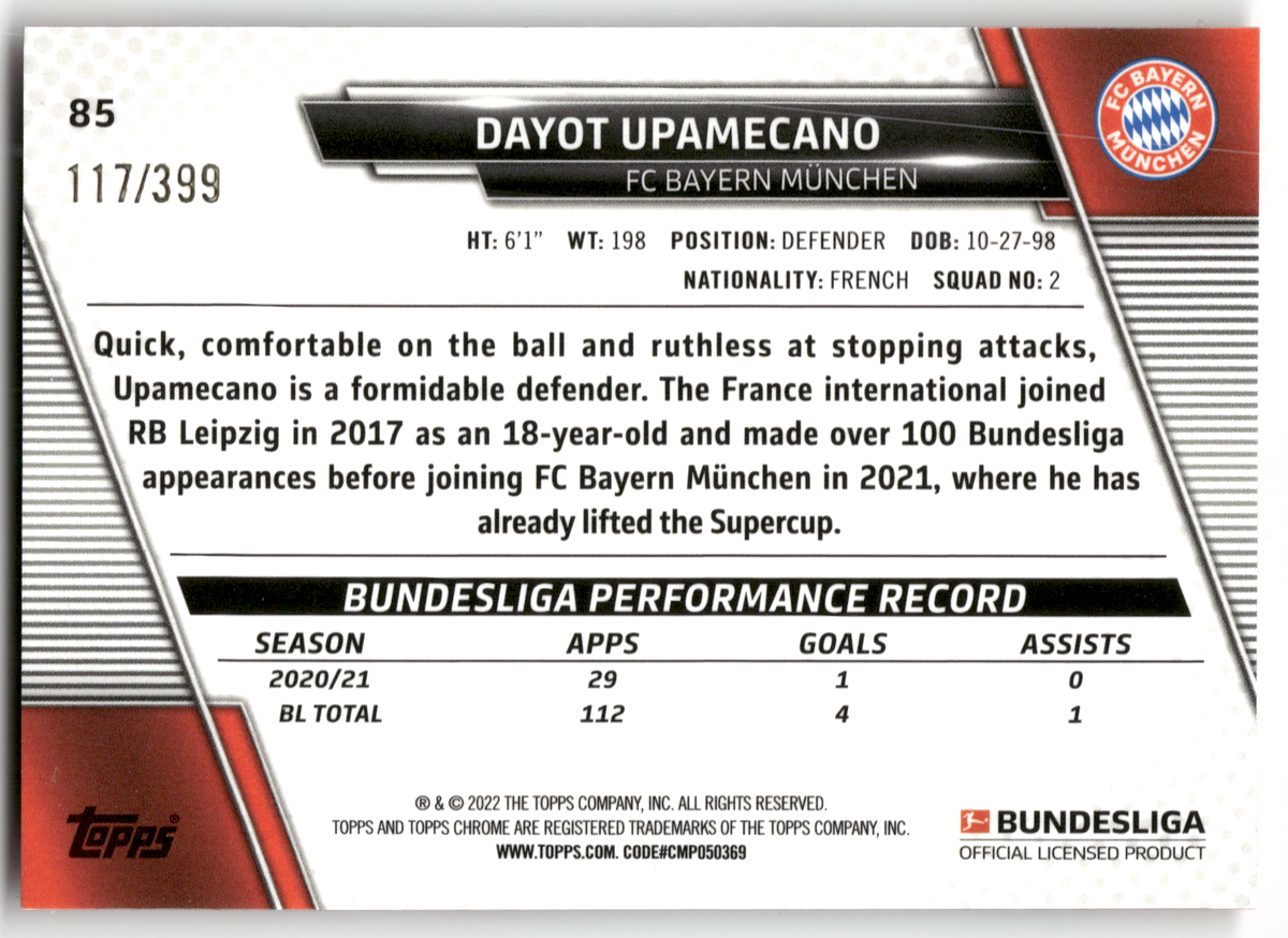 Fußball Dayot Upamecano - 2021-22 Topps Chrome Bundesliga - Pink /399 - FC Bayern München #85 Trading Card Original
