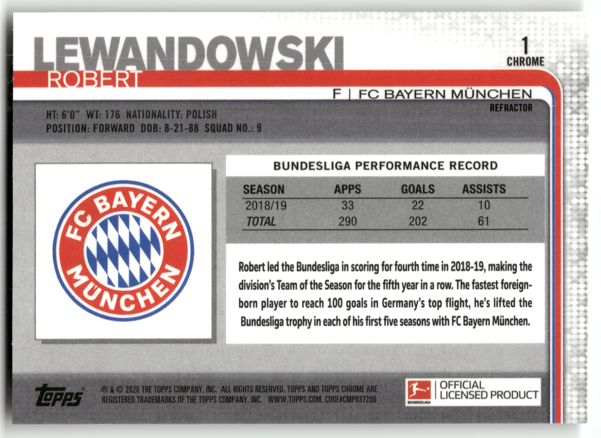Fußball Robert Lewandowski - 2019-20 Topps Chrome Bundesliga - Refractor - FC Bayern München #1 Trading Card Original