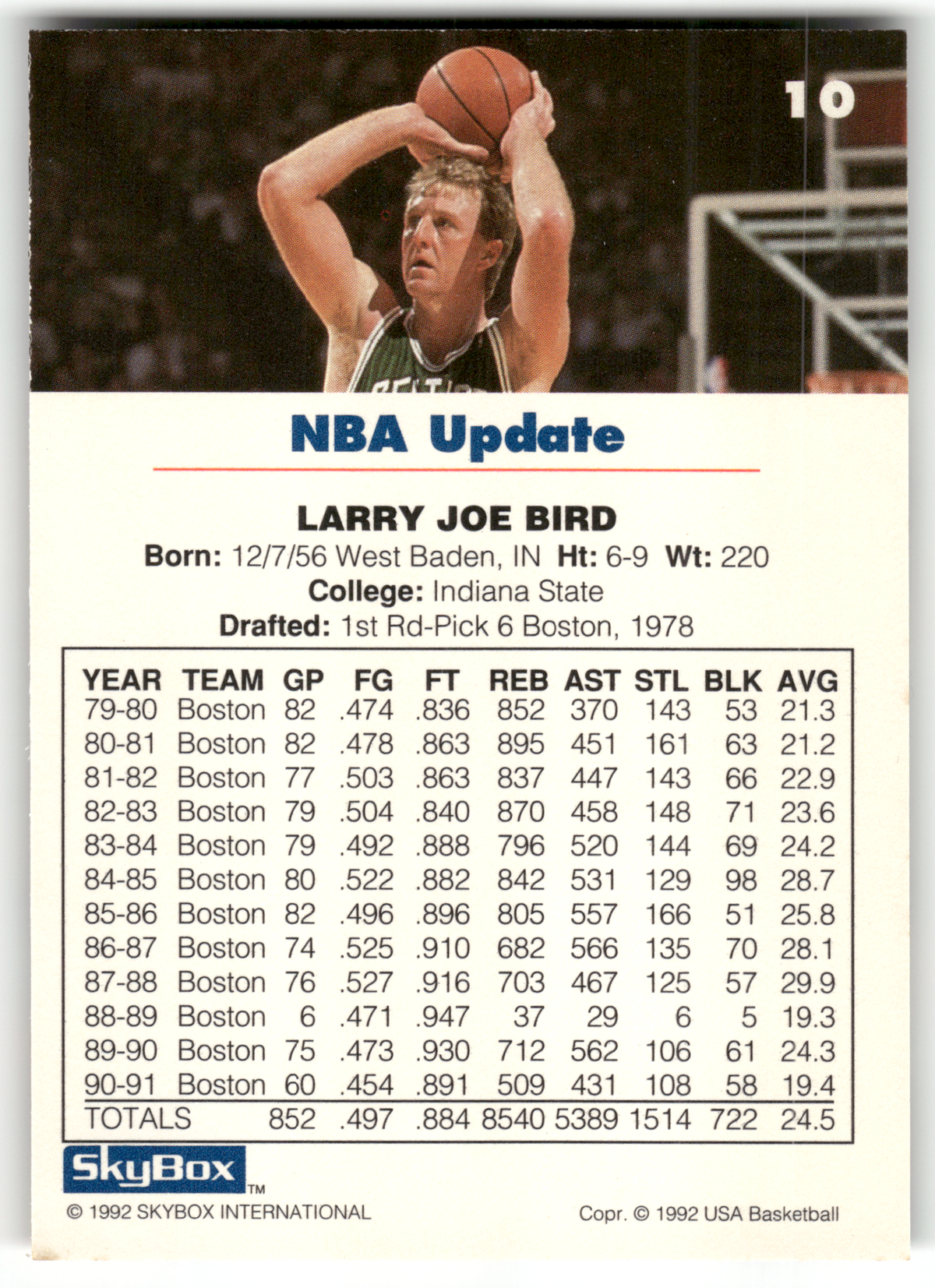 Basketball NBA Larry Bird - 1992 SkyBox USA Basketball NBA Update - Boston Celtics #10 Trading Card Original