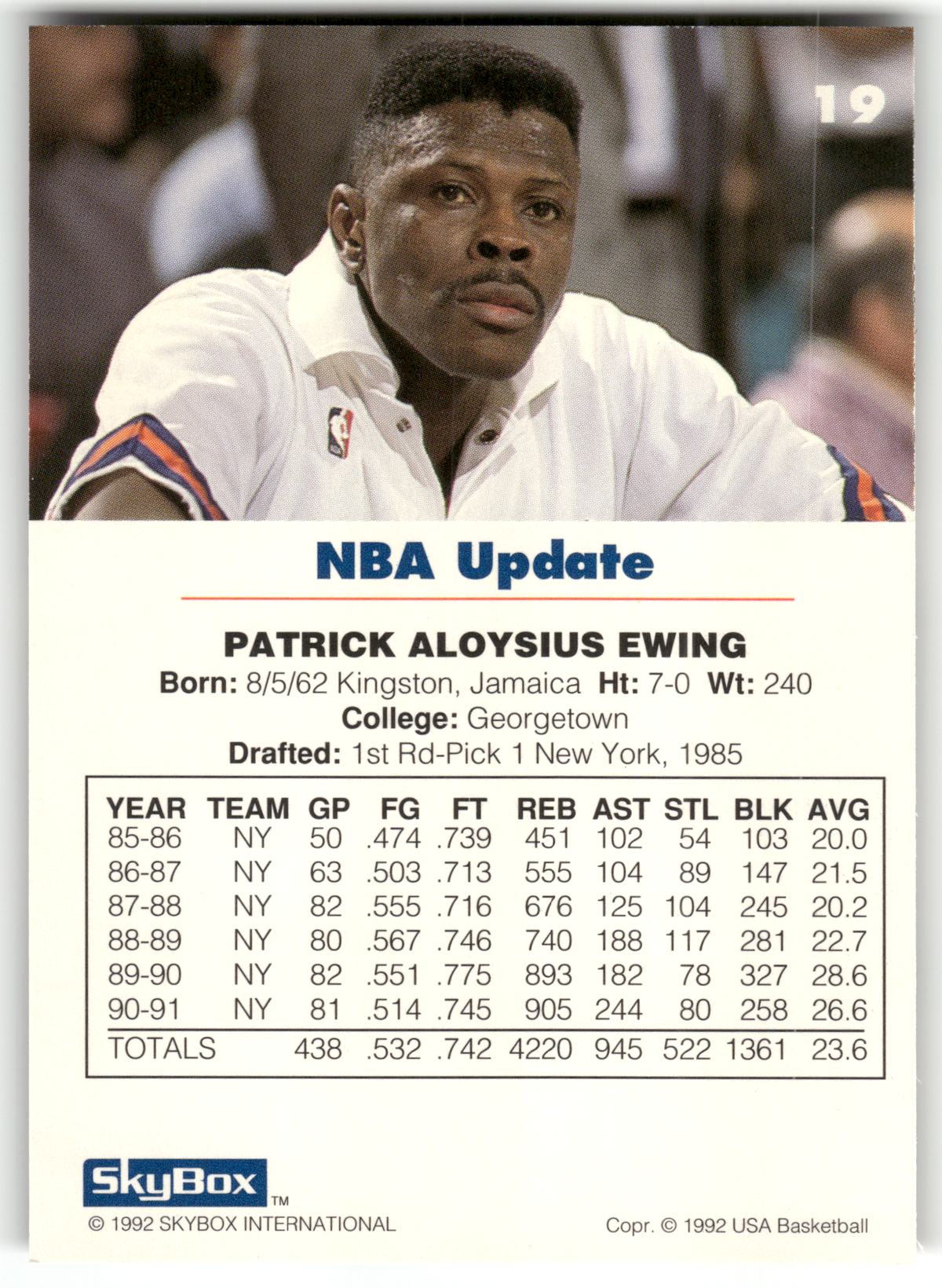 Basketball NBA Patrick Ewing - 1992 SkyBox USA Basketball NBA Update - New York Knicks #19 Trading Card Original