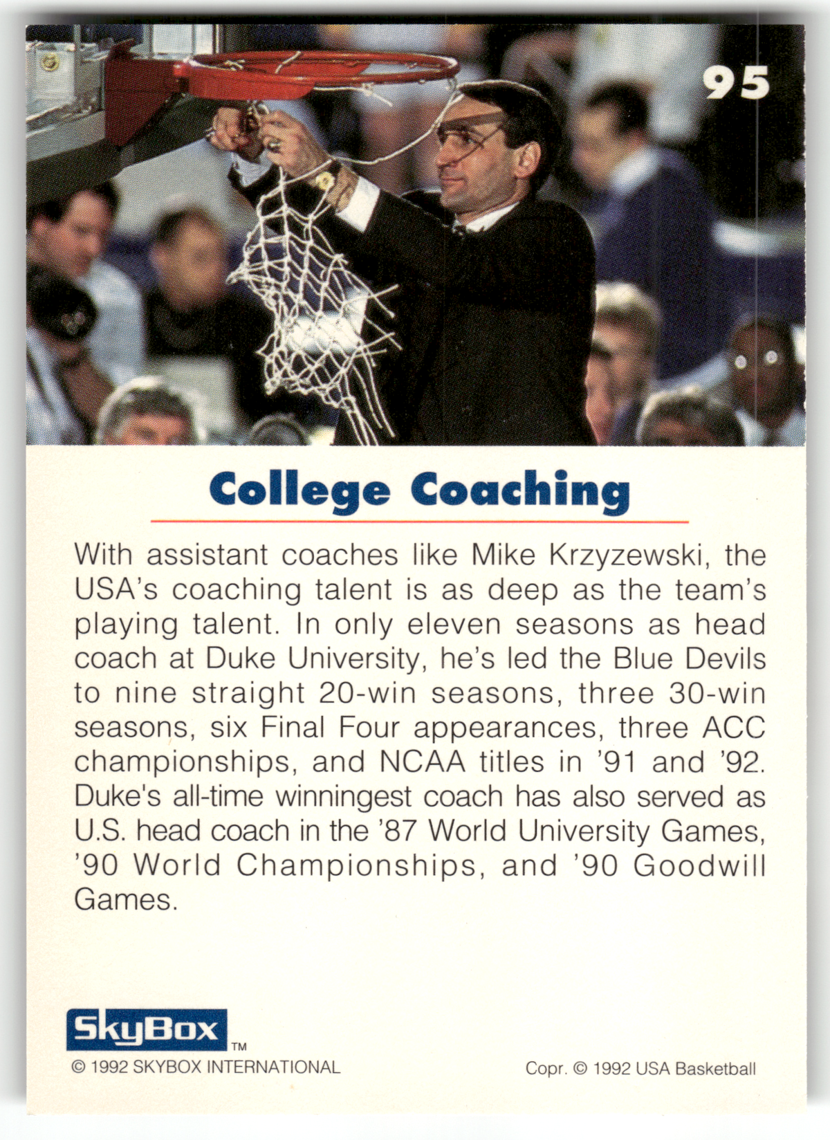 Basketball NBA Mike Krzyzewski - 1992 SkyBox USA Basketball - USA Basketball #95 Trading Card Original