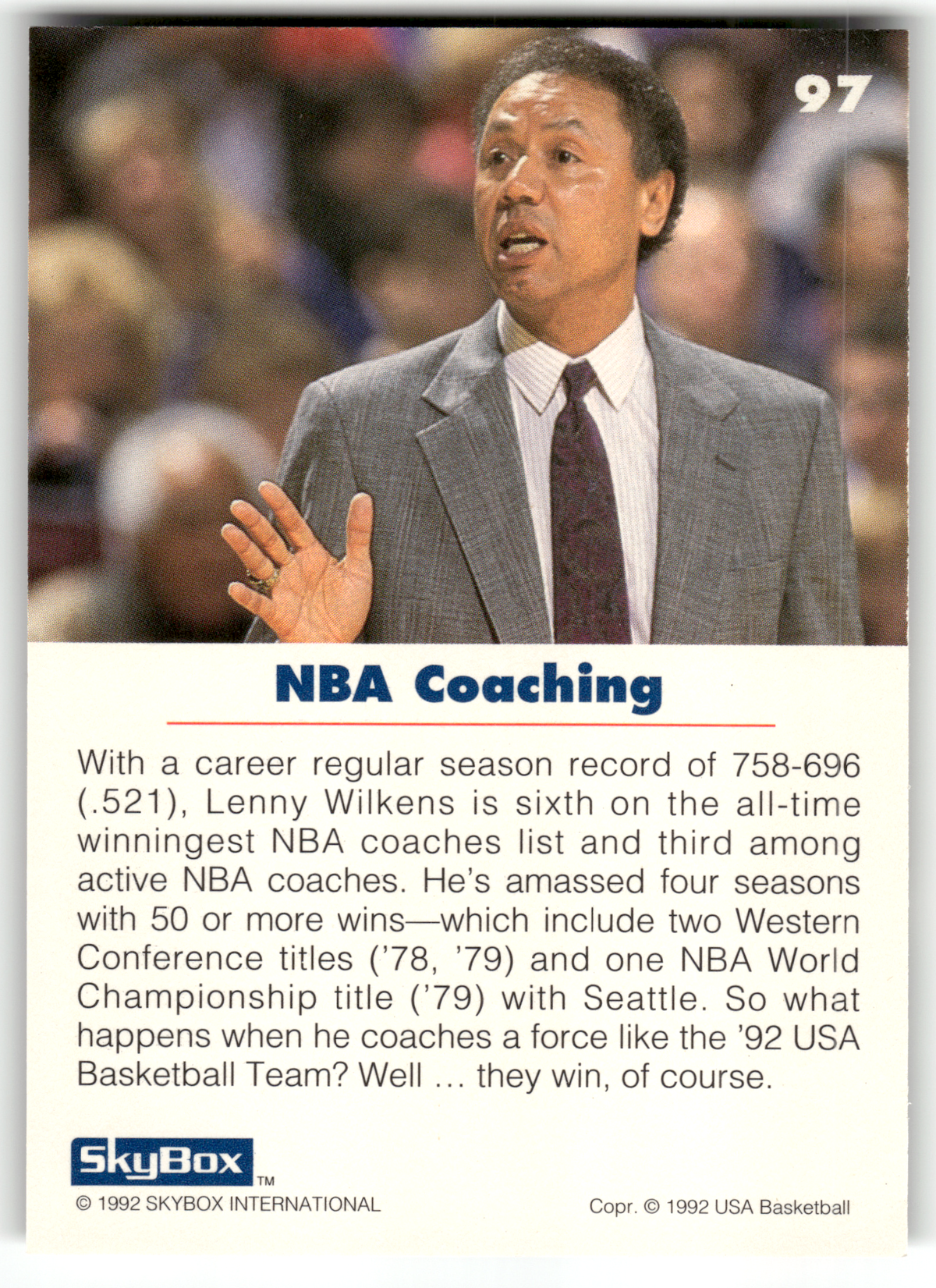 Basketball NBA Lenny Wilkens - 1992 SkyBox USA Basketball - USA Basketball #97 Trading Card Original