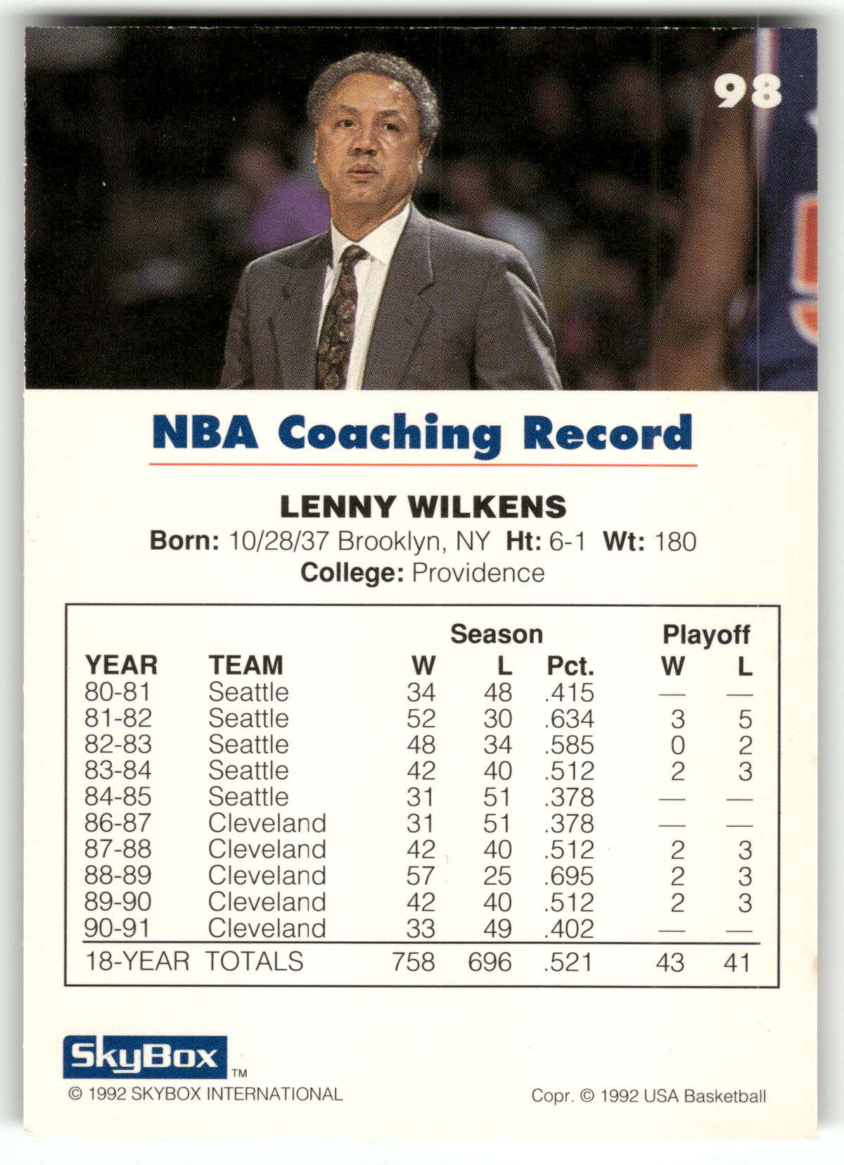 Basketball NBA Lenny Wilkens - 1992 SkyBox USA Basketball #98 Trading Card Original