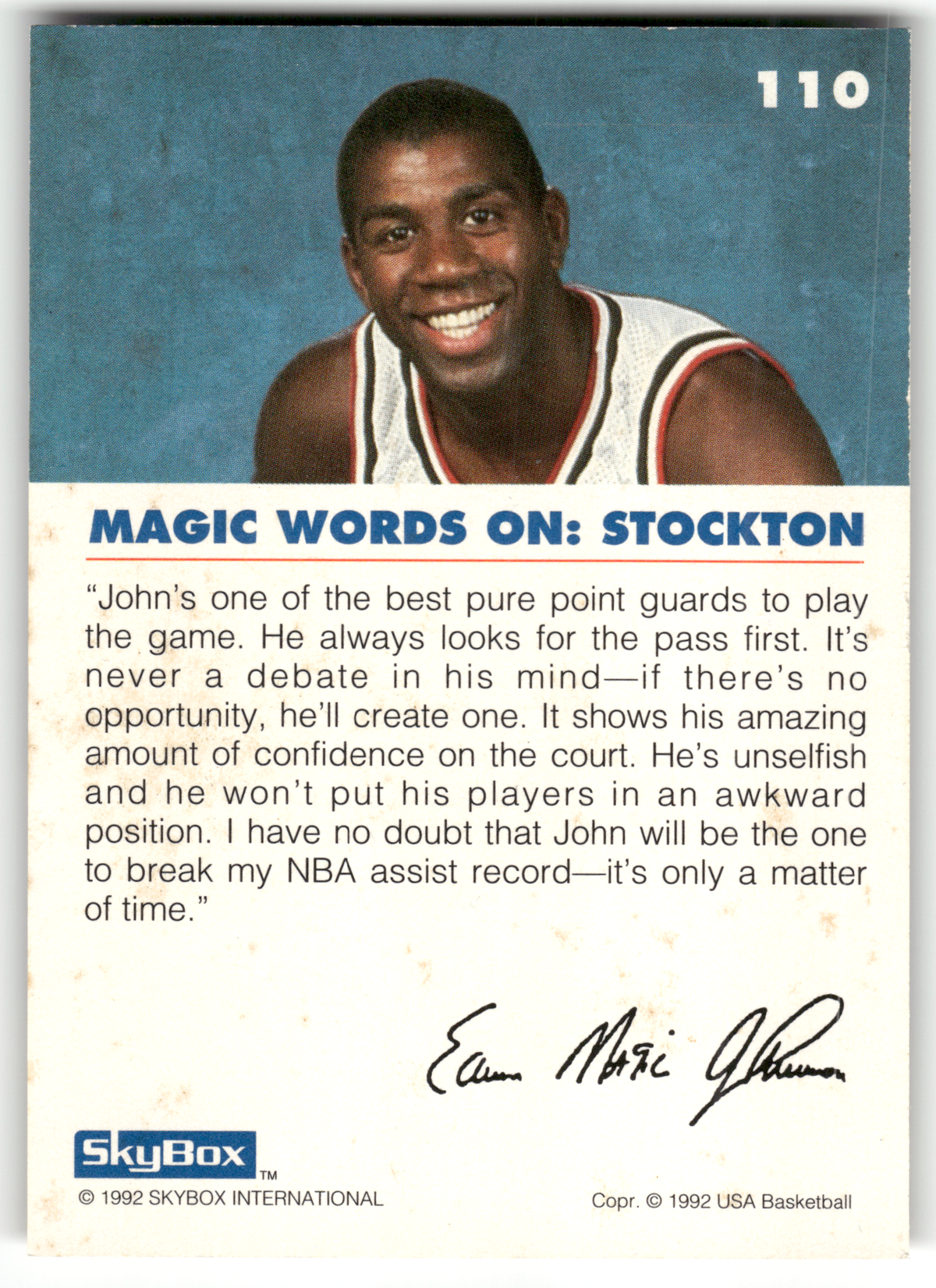 Basketball NBA John Stockton - 1992 SkyBox USA Basketball - Utah Jazz #110 Trading Card Original