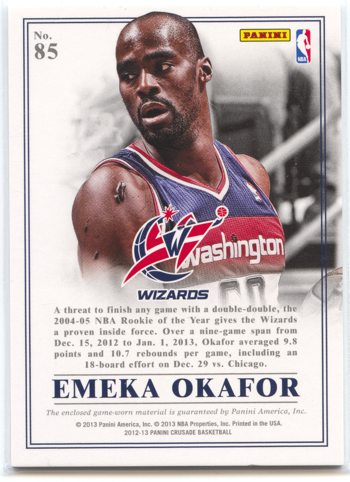 Basketball NBA Emeka Okafor - 2012-13 Panini Crusade Basketball - Game Worn Relic - Washington Wizards #85 Trading Card Original