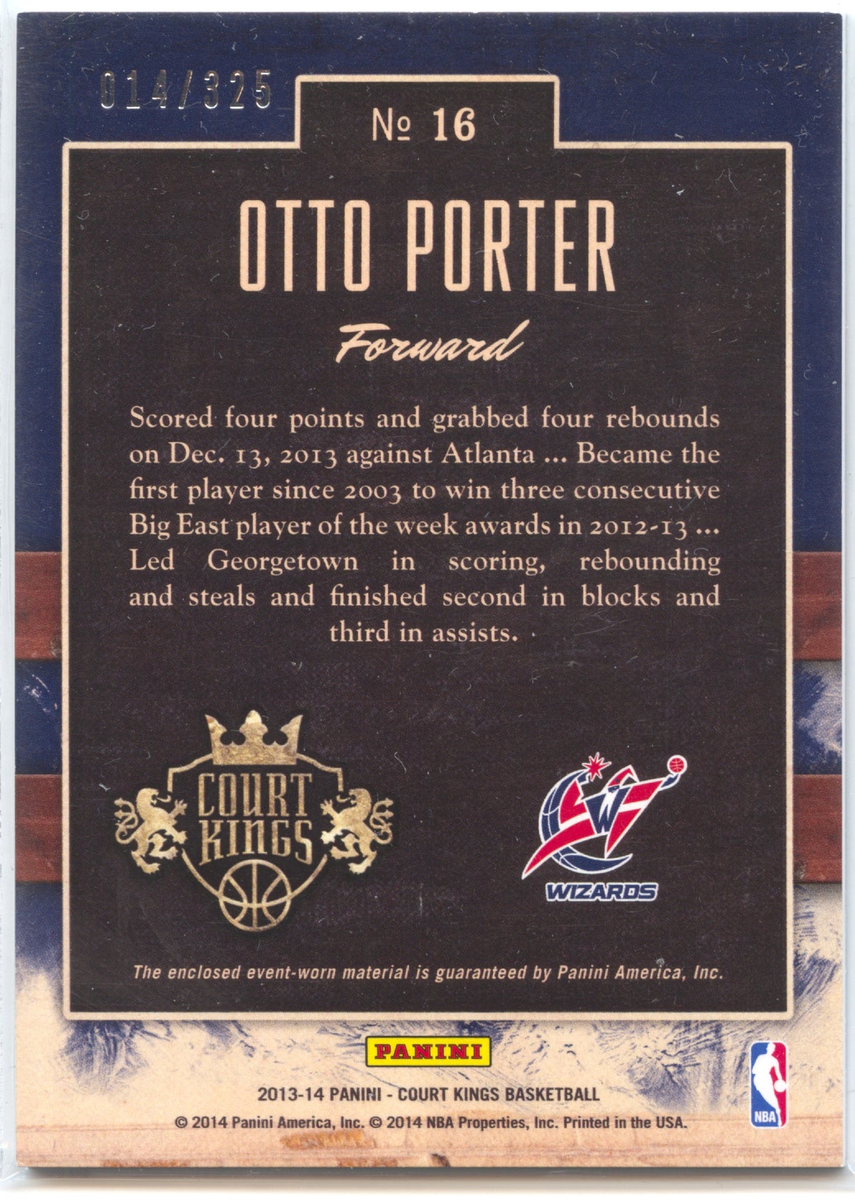 Basketball NBA Otto Porter Rookie - 2013-14 Panini Court Kings Basketball - Rookie Jumbu Relic /325 - Washington Wizards #16 Trading Card Original