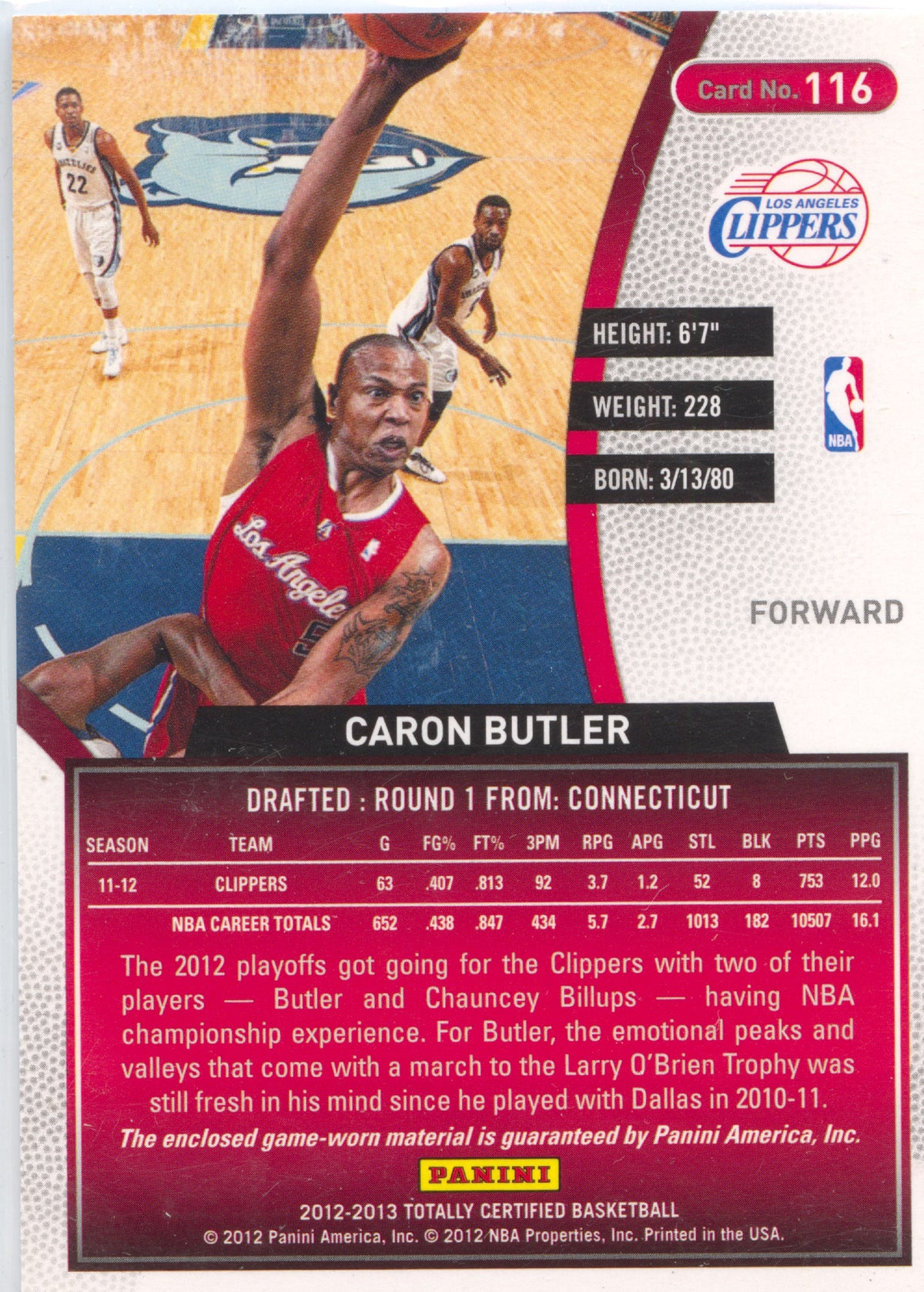 Basketball NBA Caron Butler - 2012-13 Panini Totally Certified Basketball - Game Worn Relic /99 - Los Angeles Clippers #116 Trading Card Original