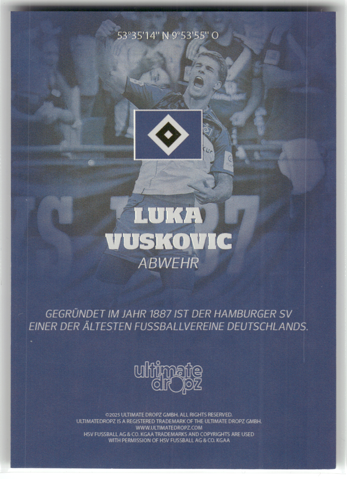 Fußball Luka Vuskovic - 2025 Ultimate Dropz HSV - /138 - Hamburger SV Trading Card Original