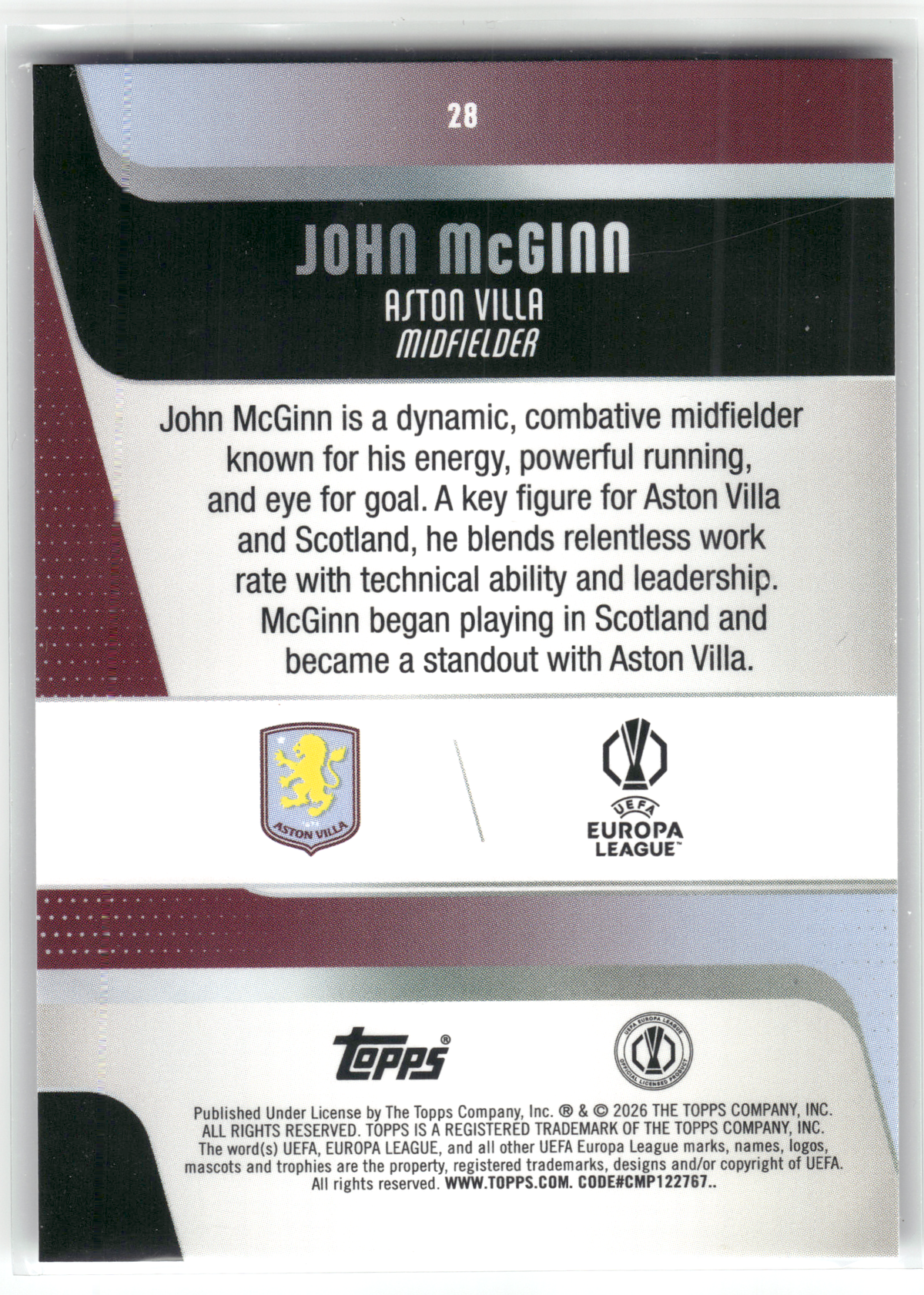 Fußball John McGinn - 2025-26 Topps UEFA Europa League - Purple Mini Diamonds /250 - Aston Villa #28 Trading Card Original