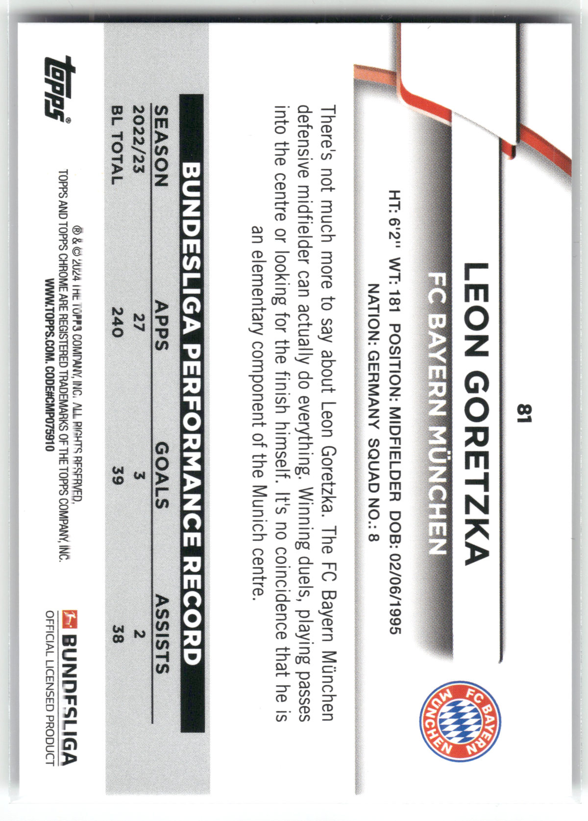 Fußball Leon Goretzka - 2023-24 Topps Bundesliga Jade - Blue /175 - FC Bayern München #81 Trading Card Original