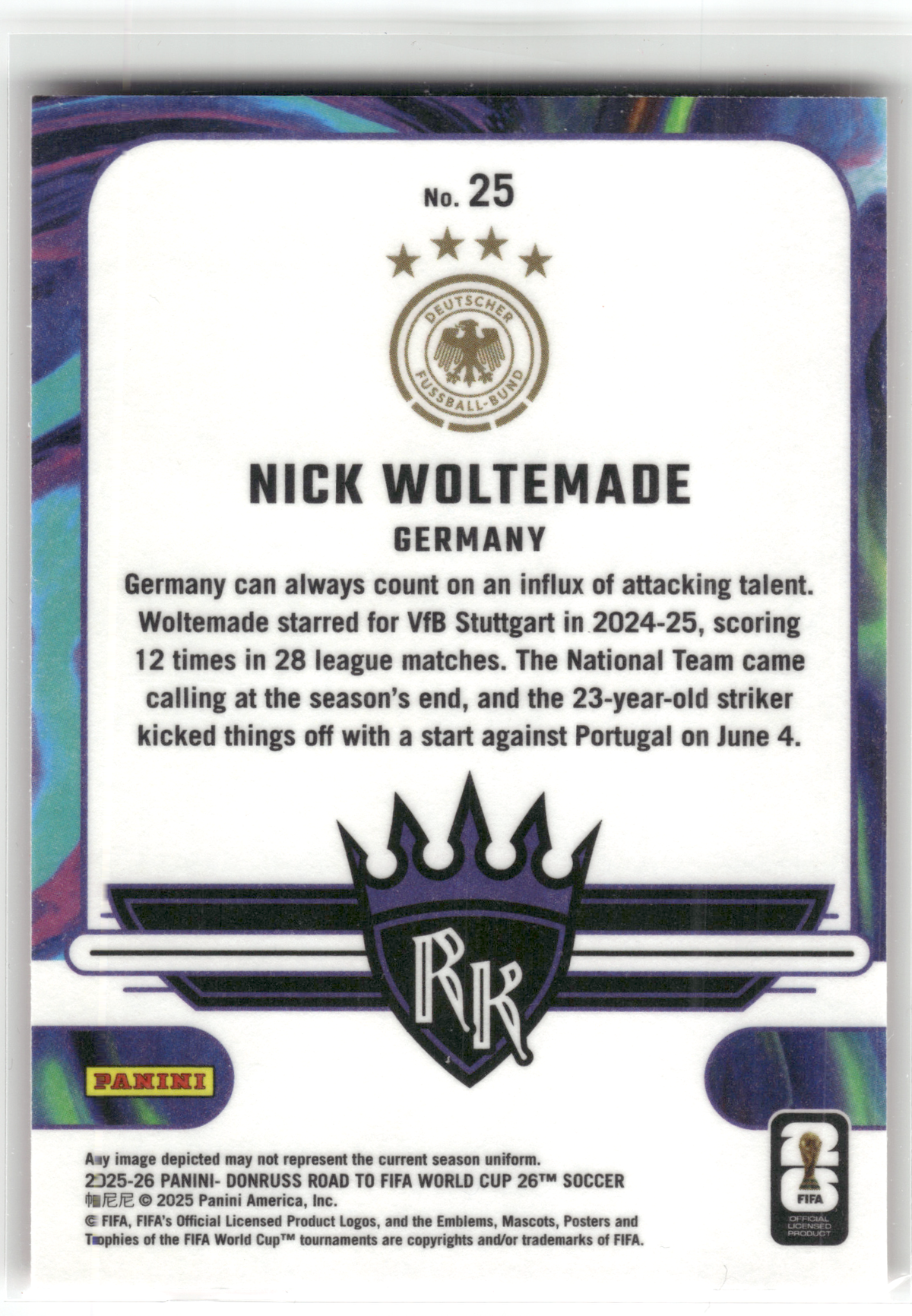 Fußball Nick Woltemade Rookie - 2025-26 Panini Donruss Road to FIFA World Cup 26 Soccer - Germany #25 Trading Card Original