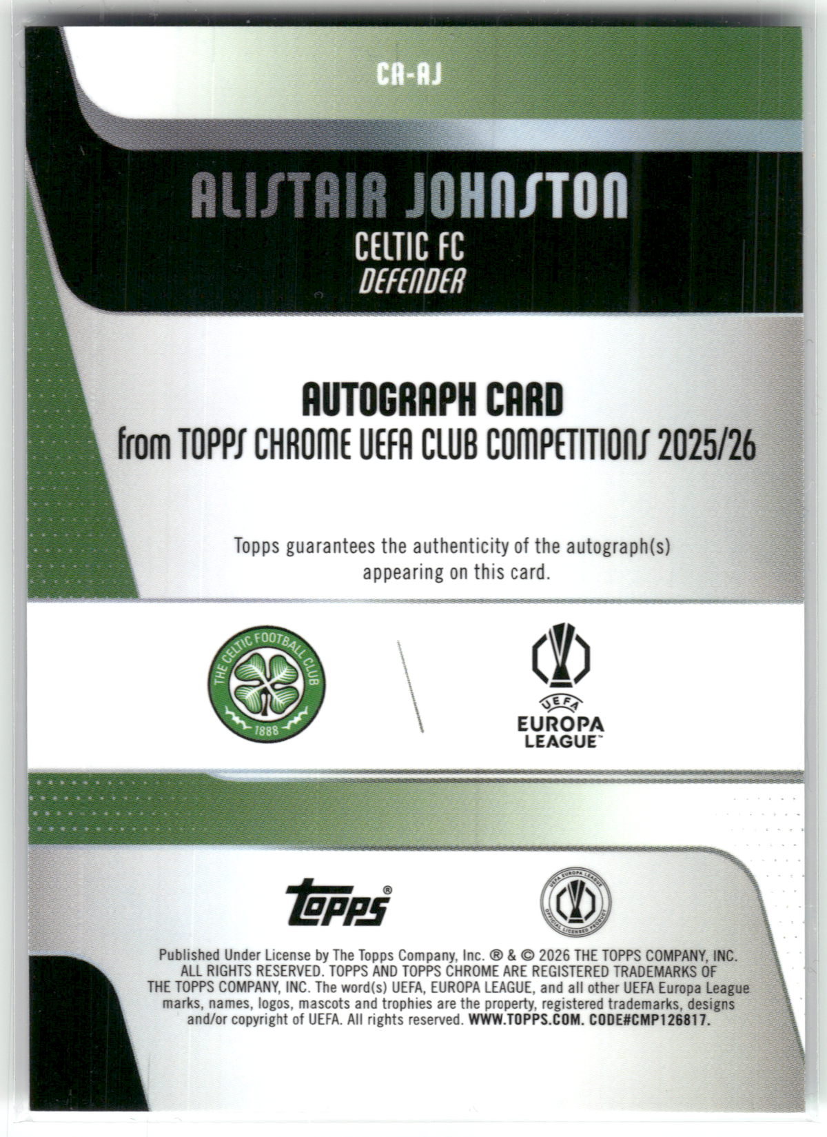 Fußball Alistair Johnston - 2025-26 Topps Chrome UEFA UCC 2025/26 - True Aqua Auto /199 - Celtic FC #CA-AJ Trading Card Original