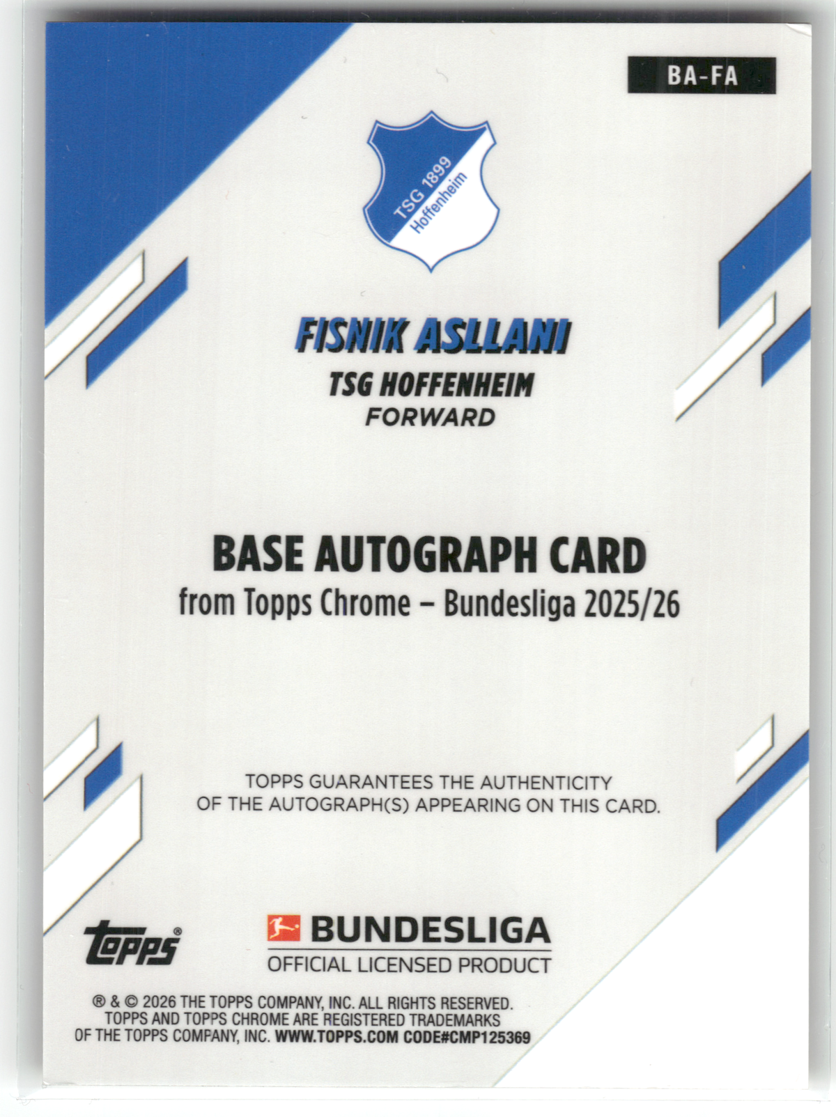 Fußball Fisnik Asllani Rookie - 2025-26 Topps Chrome Bundesliga - True Gold Rookie Auto /50 - TSG Hoffenheim #BA-FA Trading Card Original