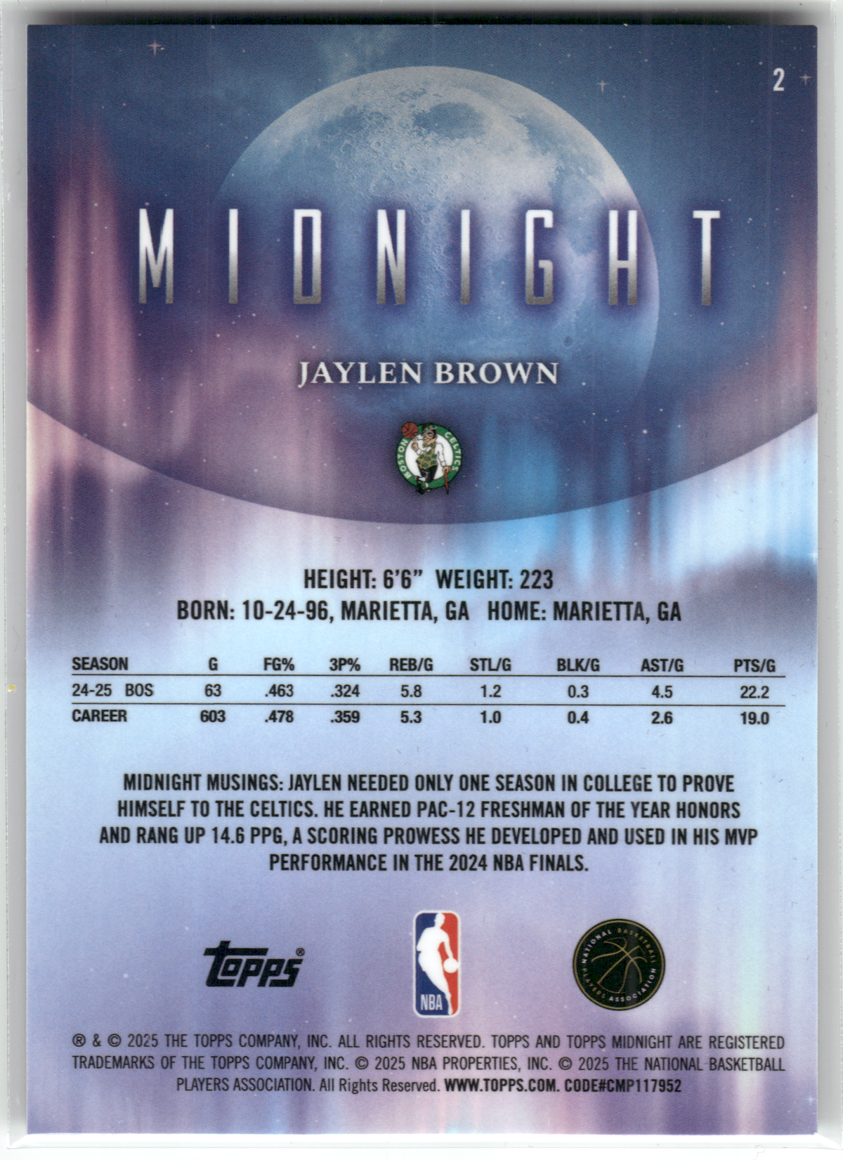 Basketball NBA Jaylen Brown - 2024-25 Topps Midnight - Boston Celtics #2 Trading Card Original