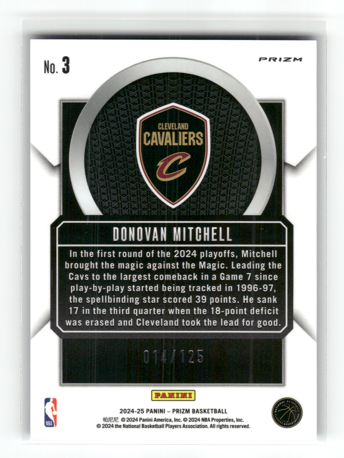 Basketball NBA Donovan Mitchell - 2024-25 Panini Prizm Basketball - Blue Cracked Ice Prizm /125 - Cleveland Cavaliers #3 Trading Card Original