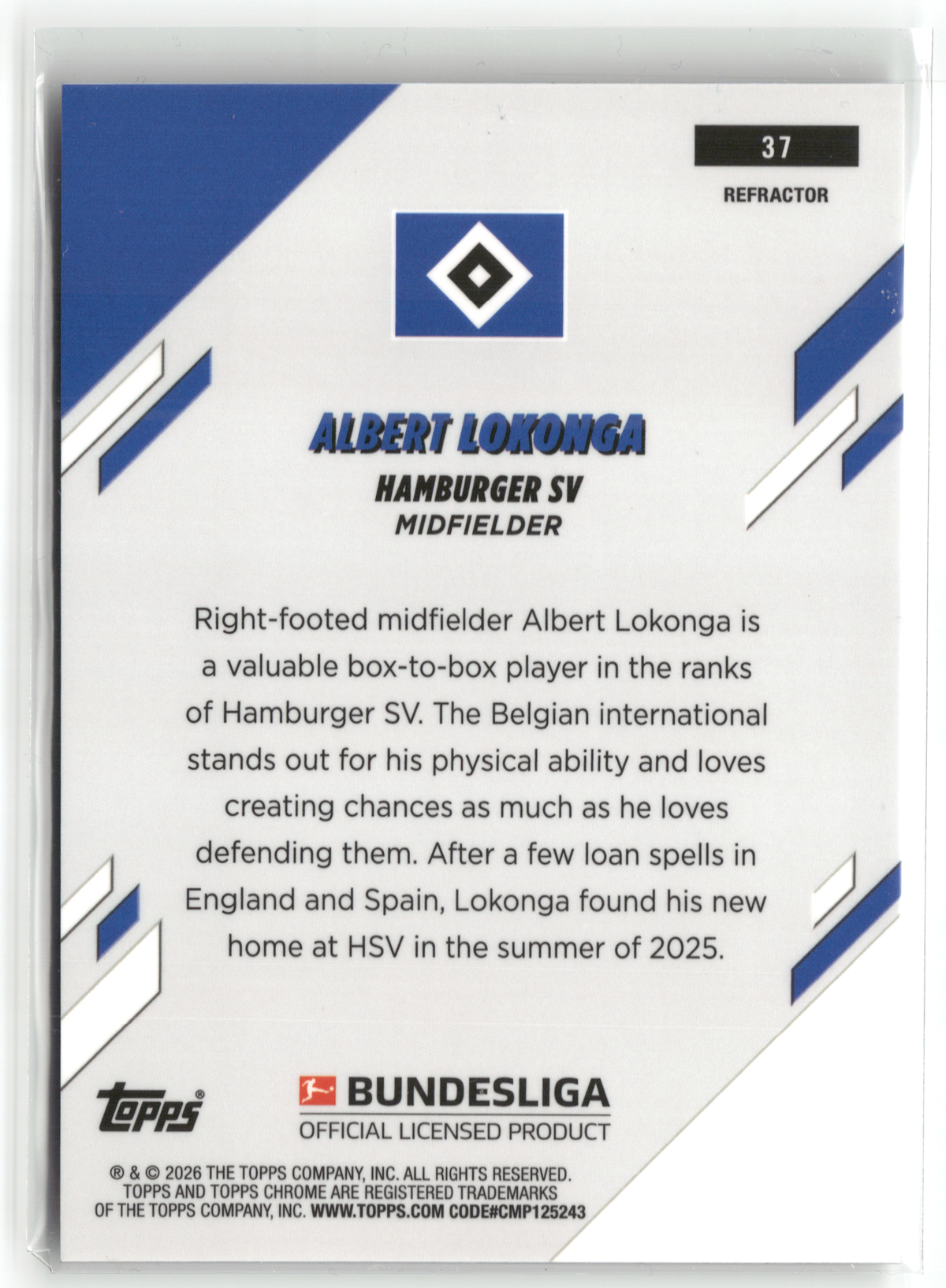 Fußball Albert Lokonga - 2025-26 Topps Chrome Bundesliga - Refractor - Hamburger SV #37 Trading Card Original
