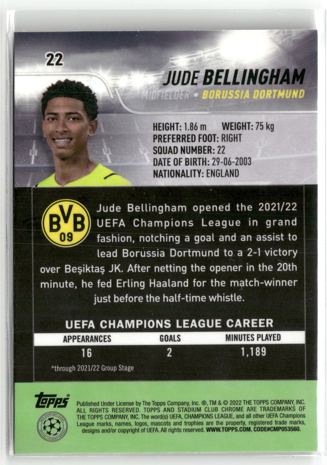Jude Bellingham - 2021/22 Topps UCL Stadium Club Chrome - Dortmund