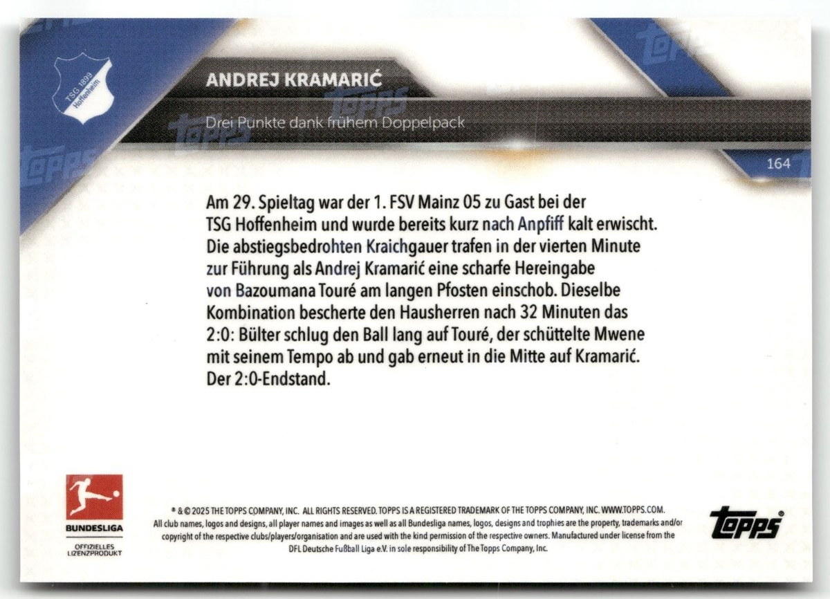 Fußball Andrej Kramarić Topps Now Bundesliga 2025 #164 Black /10 TSG 1899 Hoffenheim Trading Card Original