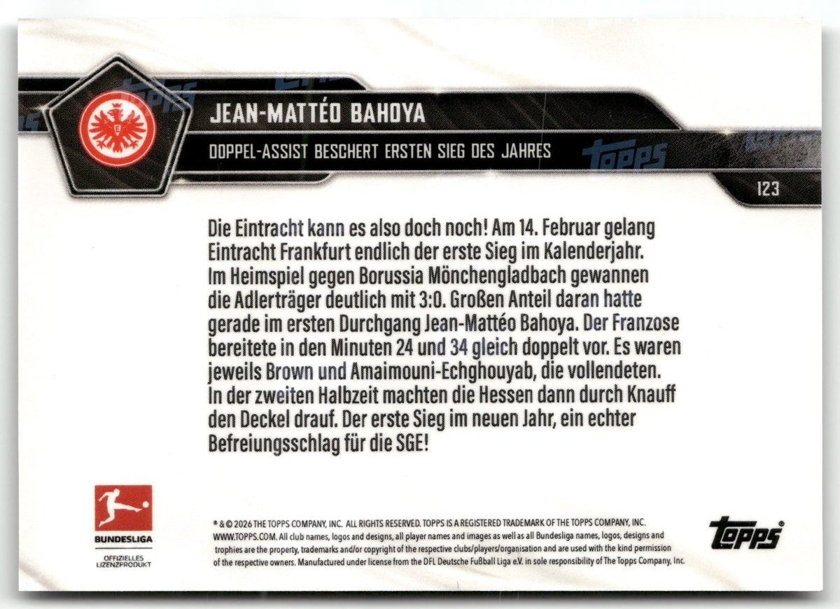 Fußball Jean-Mattéo Bahoya Topps Now Bundesliga 2025-26 #123 Black /10 Eintracht Frankfurt Trading Card Original