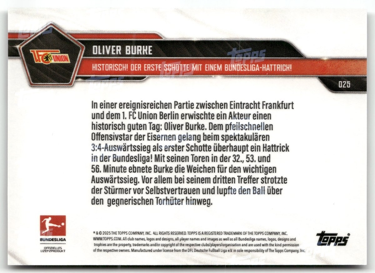 Fußball Oliver Burke Topps Now Bundesliga 2025 #D25 Black /10 1. FC Union Berlin Trading Card Original