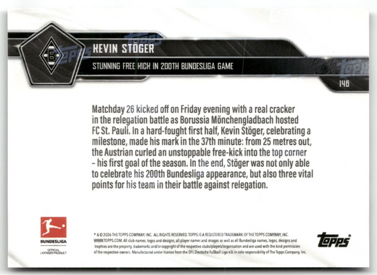 Fußball Kevin Stöger Topps Now Bundesliga 2025-26 #146 Black /10 Borussia Mönchengladbach Trading Card Original