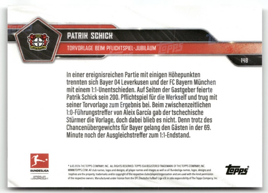 Fußball Patrik Schick Topps Now Bundesliga 2025-26 #148 Black /10 Bayer 04 Leverkusen Trading Card Original