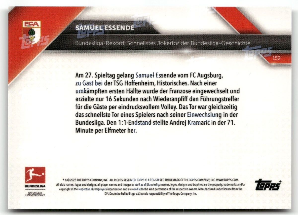Fußball Samuel Essende Topps Now Bundesliga 2024-25 #152 Black /10 FC Augsburg Trading Card Original