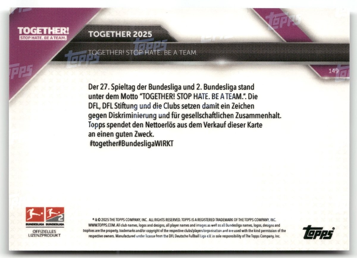 Fußball Together - Stop Hate. Be a Team Topps Now Bundesliga 2025 #149 Black /10 Trading Card Original