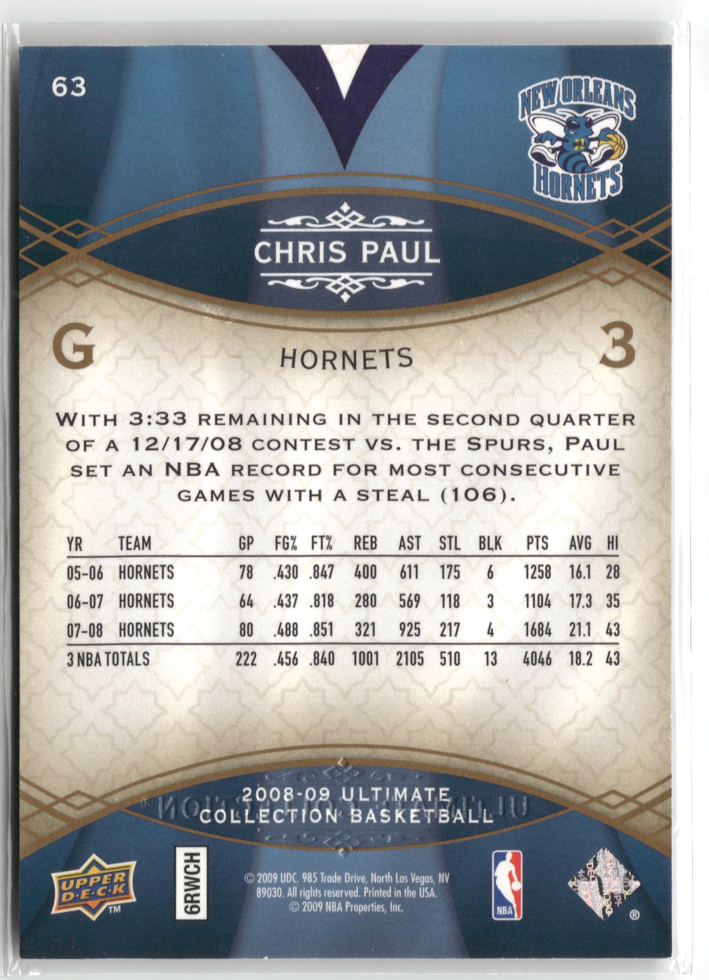 Basketball NBA Chris Paul 2008-09 Upper Deck Ultimate Collection Basketball #63 New Orleans Hornets Trading Card Original