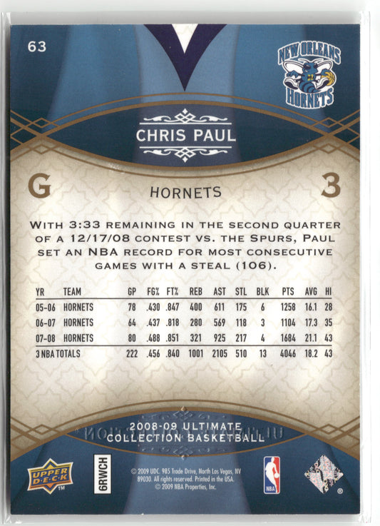 Basketball NBA Chris Paul 2008-09 Upper Deck Ultimate Collection Basketball #63 New Orleans Hornets Trading Card Original